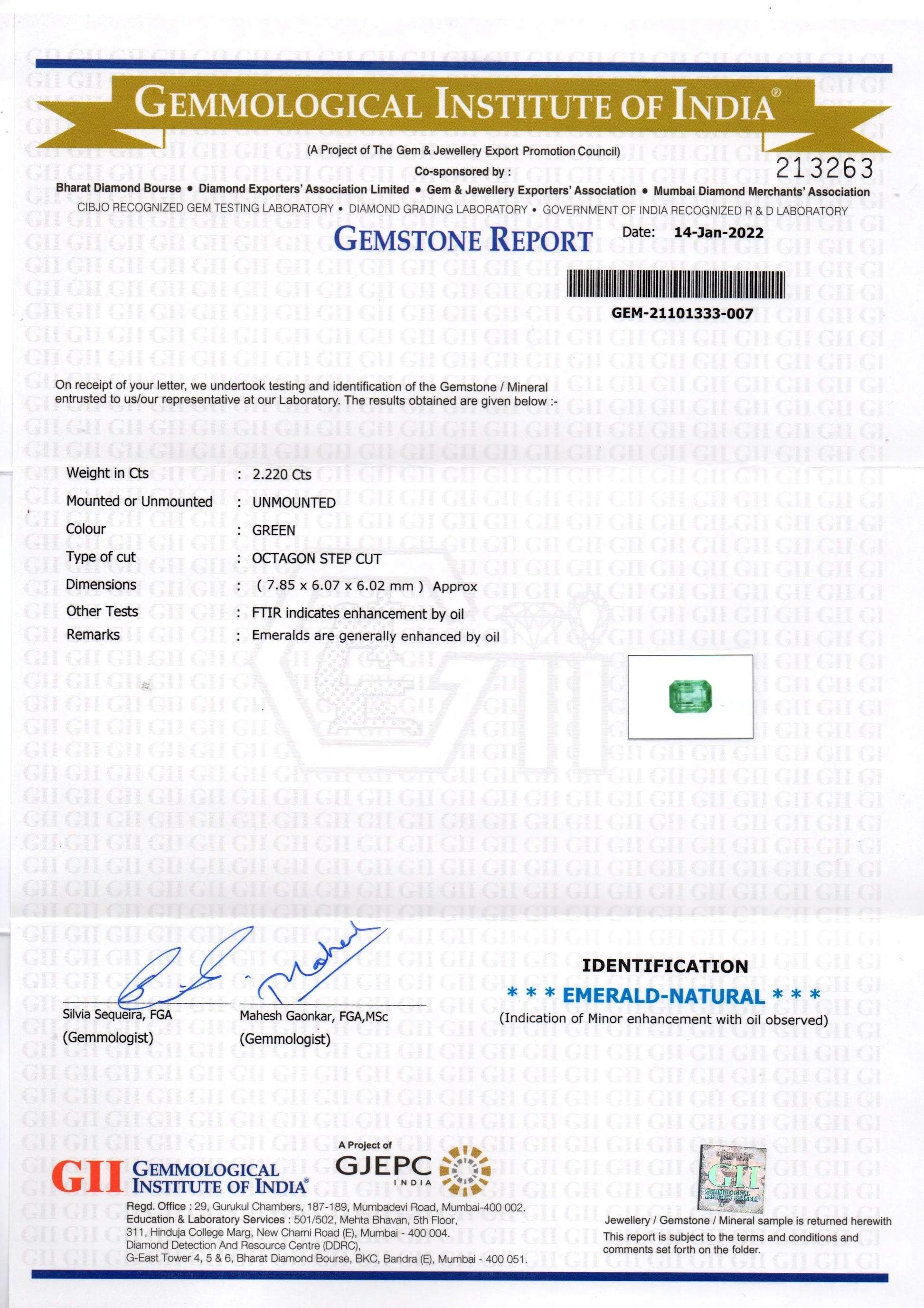 2.22 Ct GII Certified Untreated Natural Zambian Emerald Gemstone