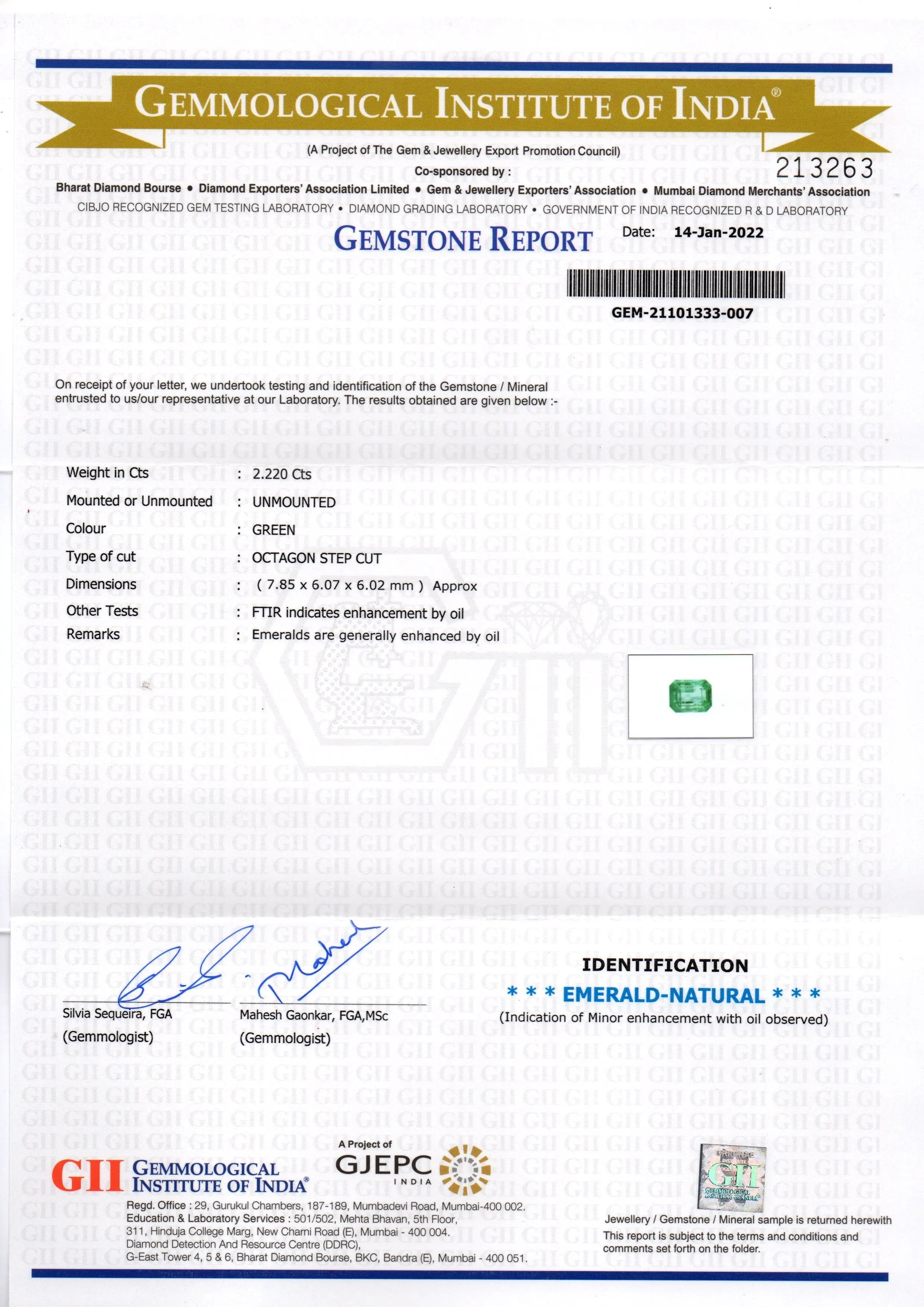 2.22 Ct GII Certified Untreated Natural Zambian Emerald Gemstone