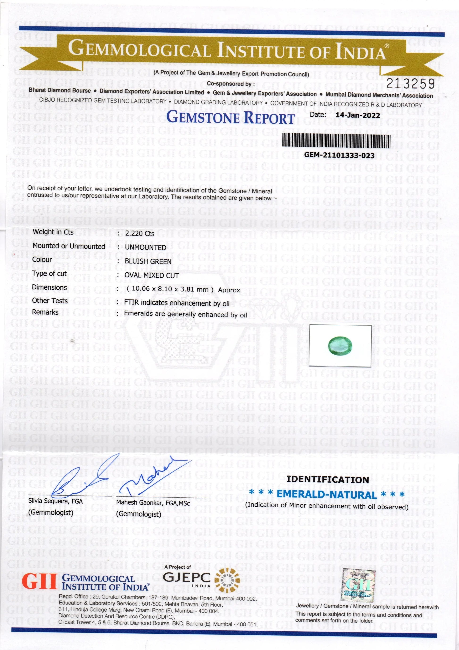 2.22 Ct GII Certified Untreated Natural Zambian Emerald Gemstone