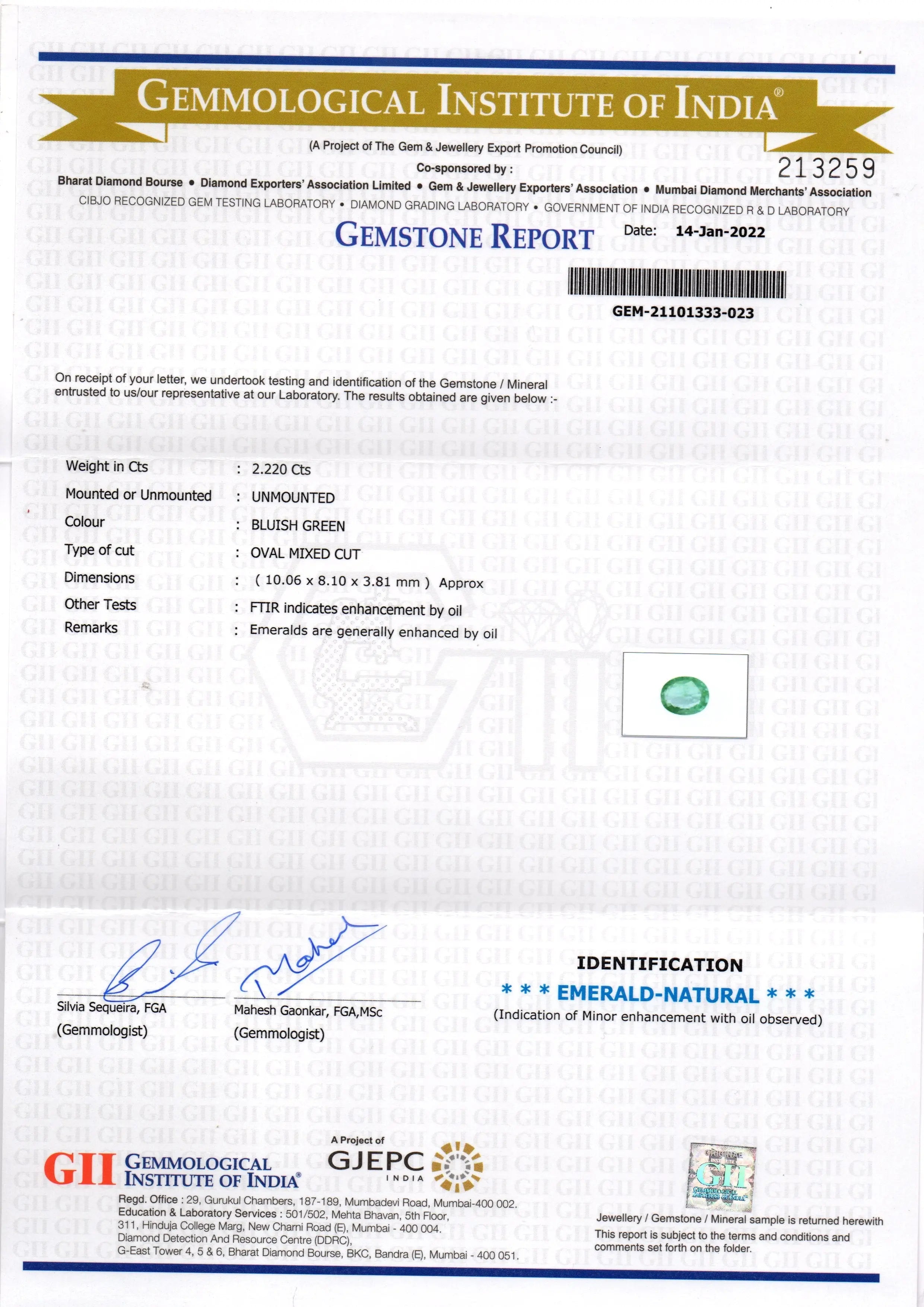 2.22 Ct GII Certified Untreated Natural Zambian Emerald Gemstone