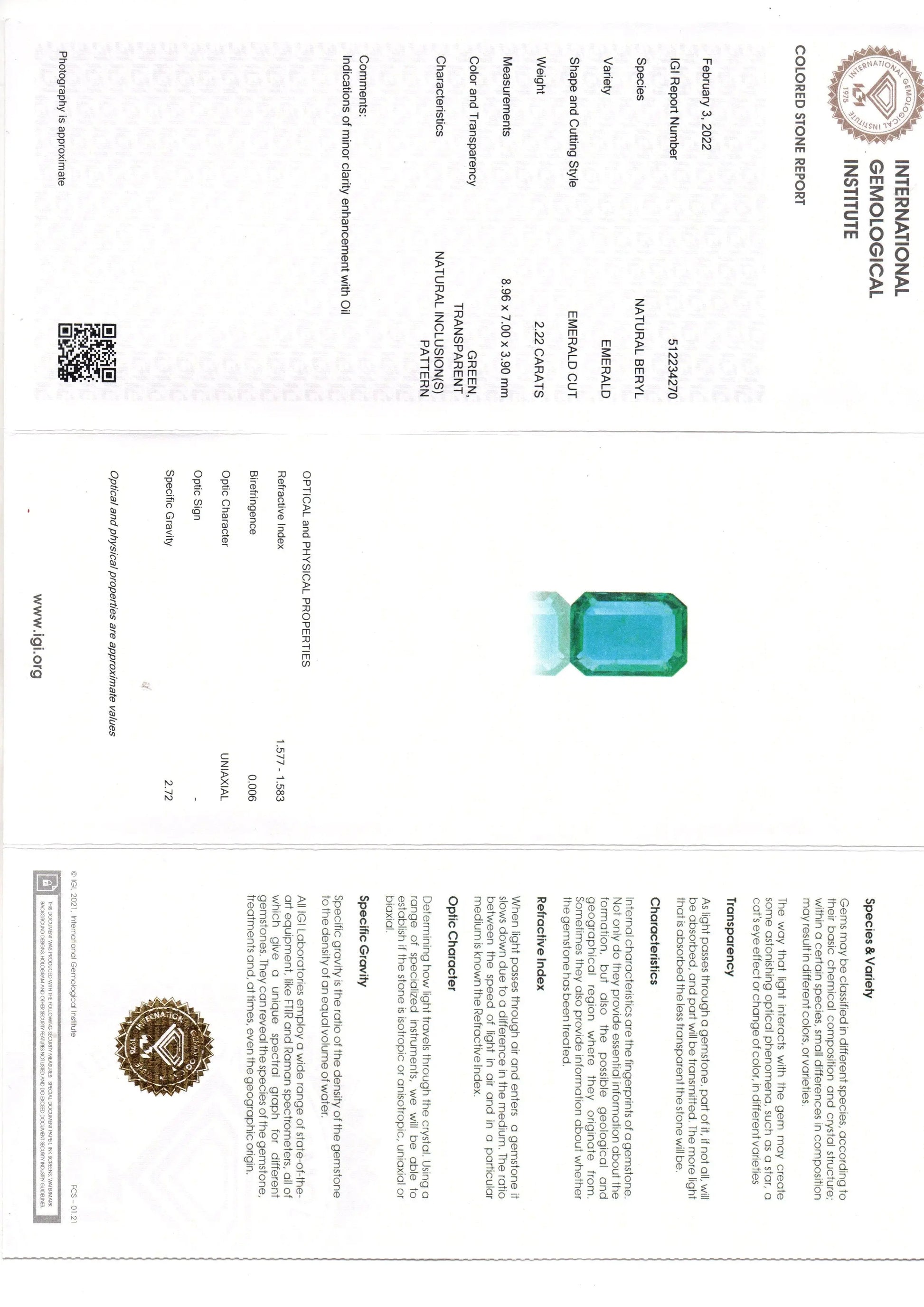 2.22 Ct IGI Certified Untreated Natural Zambian Emerald Gemstone AAA