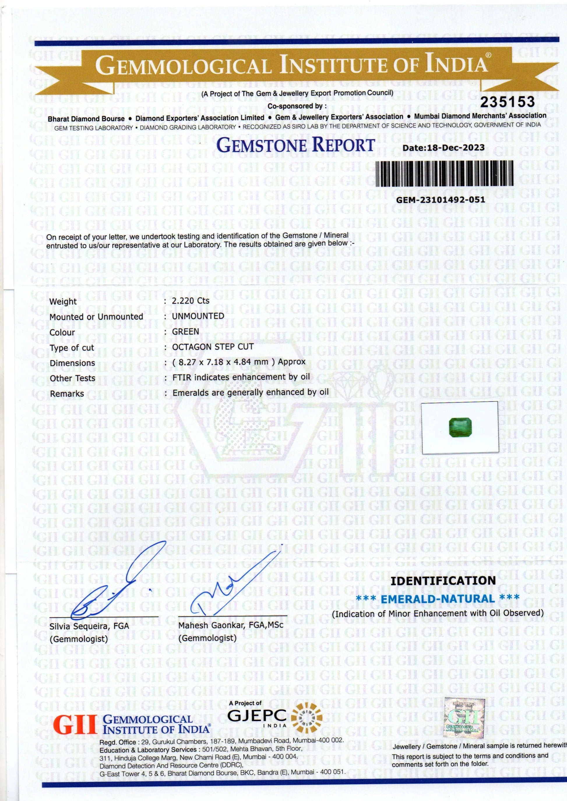 2.22 Ct GII Certified Untreated Natural Zambian Emerald Panna AAA - Venus Gems