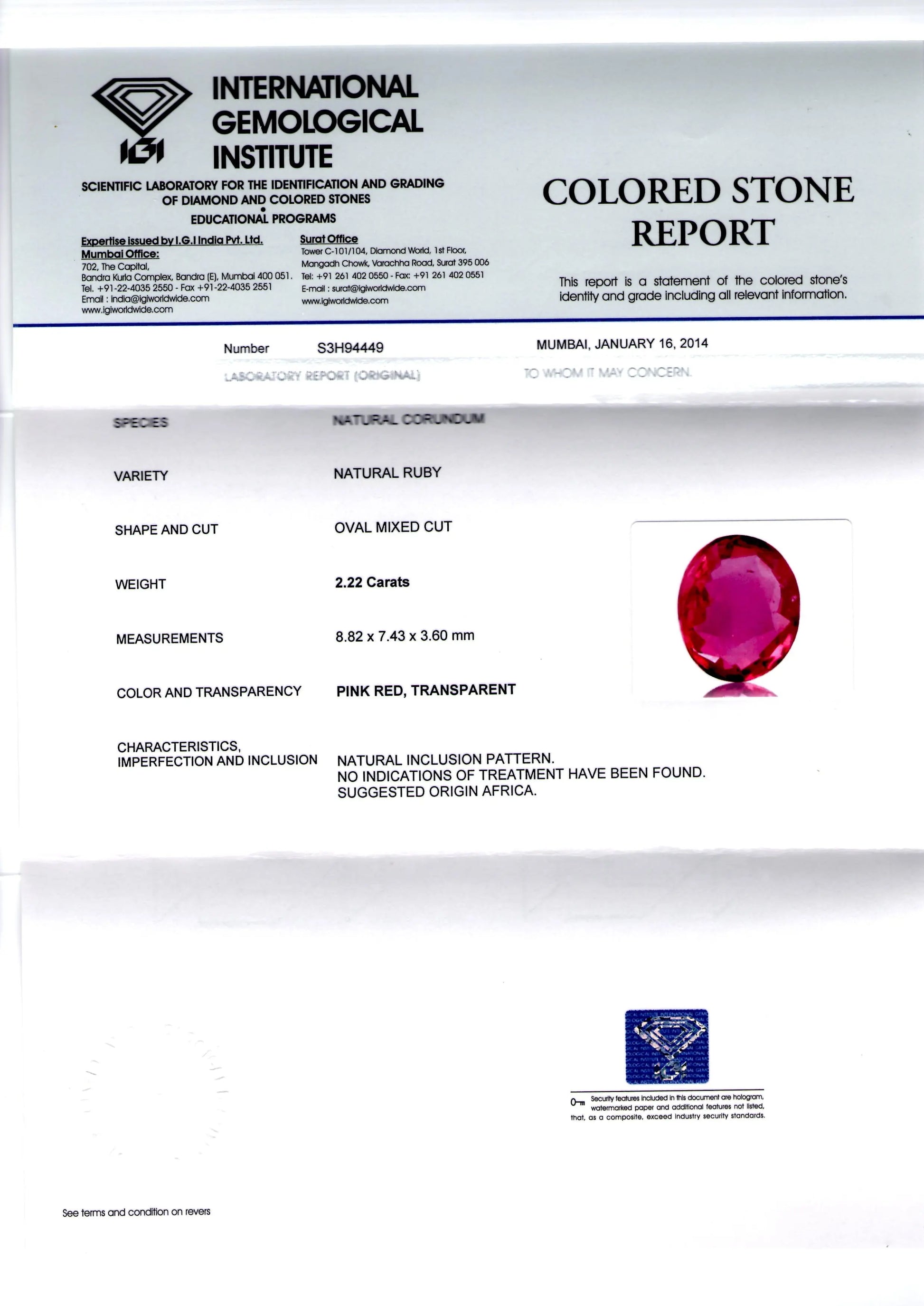 2.22 Ct IGI Certified Unheated Untreated Natural Pinkish Ruby **RARE**