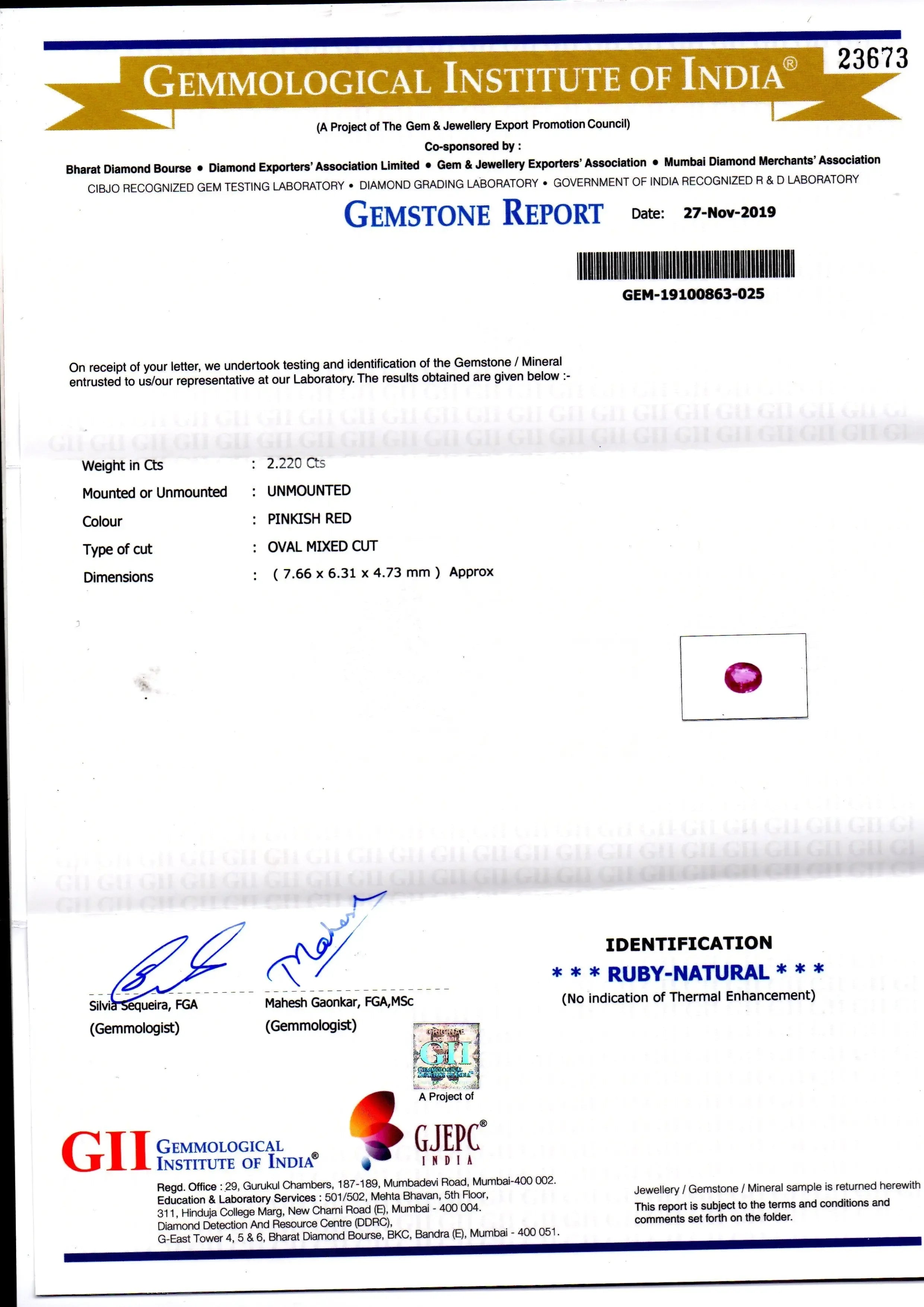2.22 Ct GII Certified Unheated Untreated Natural Madagaskar Ruby - Venus Gems