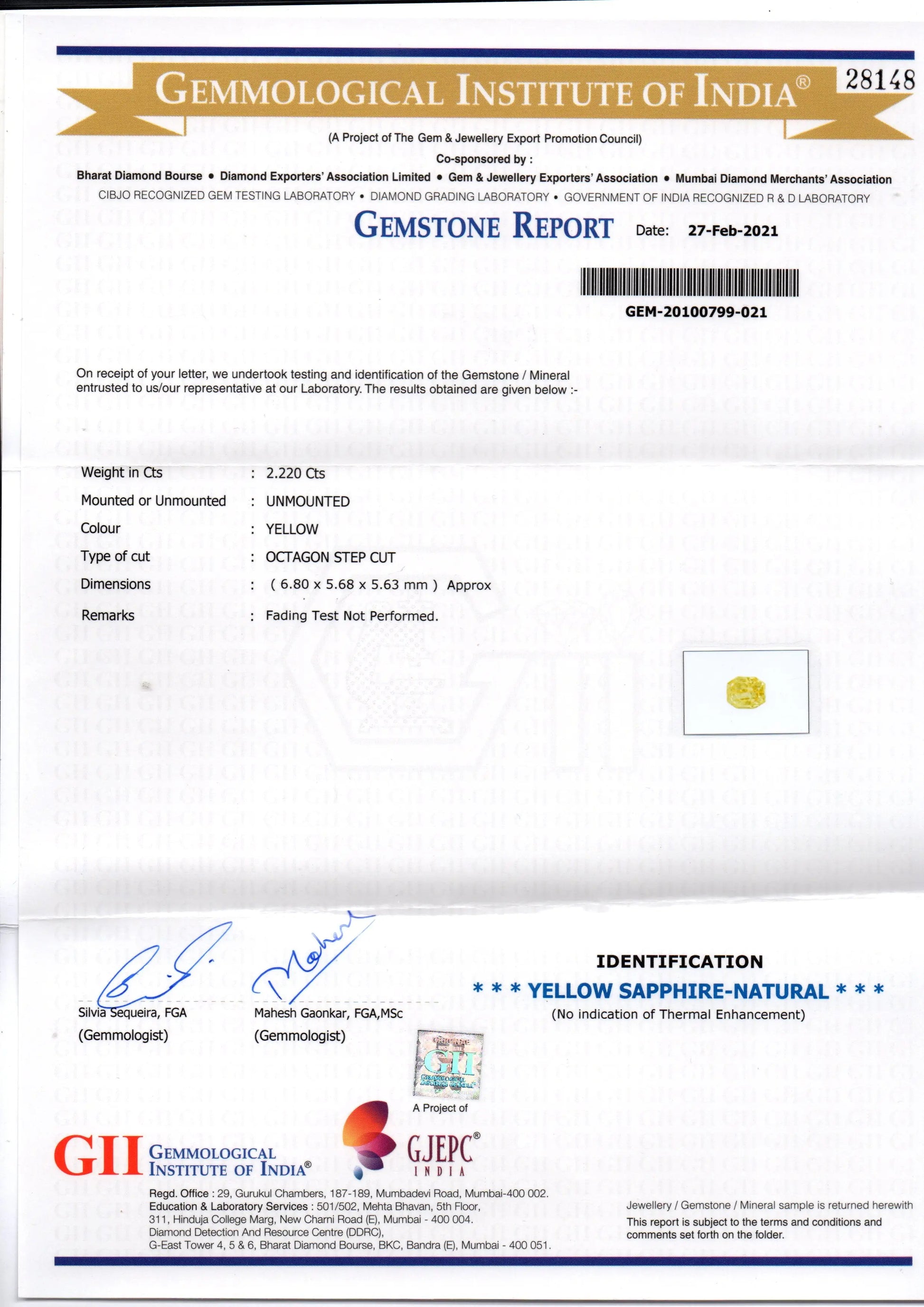 2.22 Ct Gii Certified Unheated Untreated Natural Ceylon Yellow Sapphire AAA