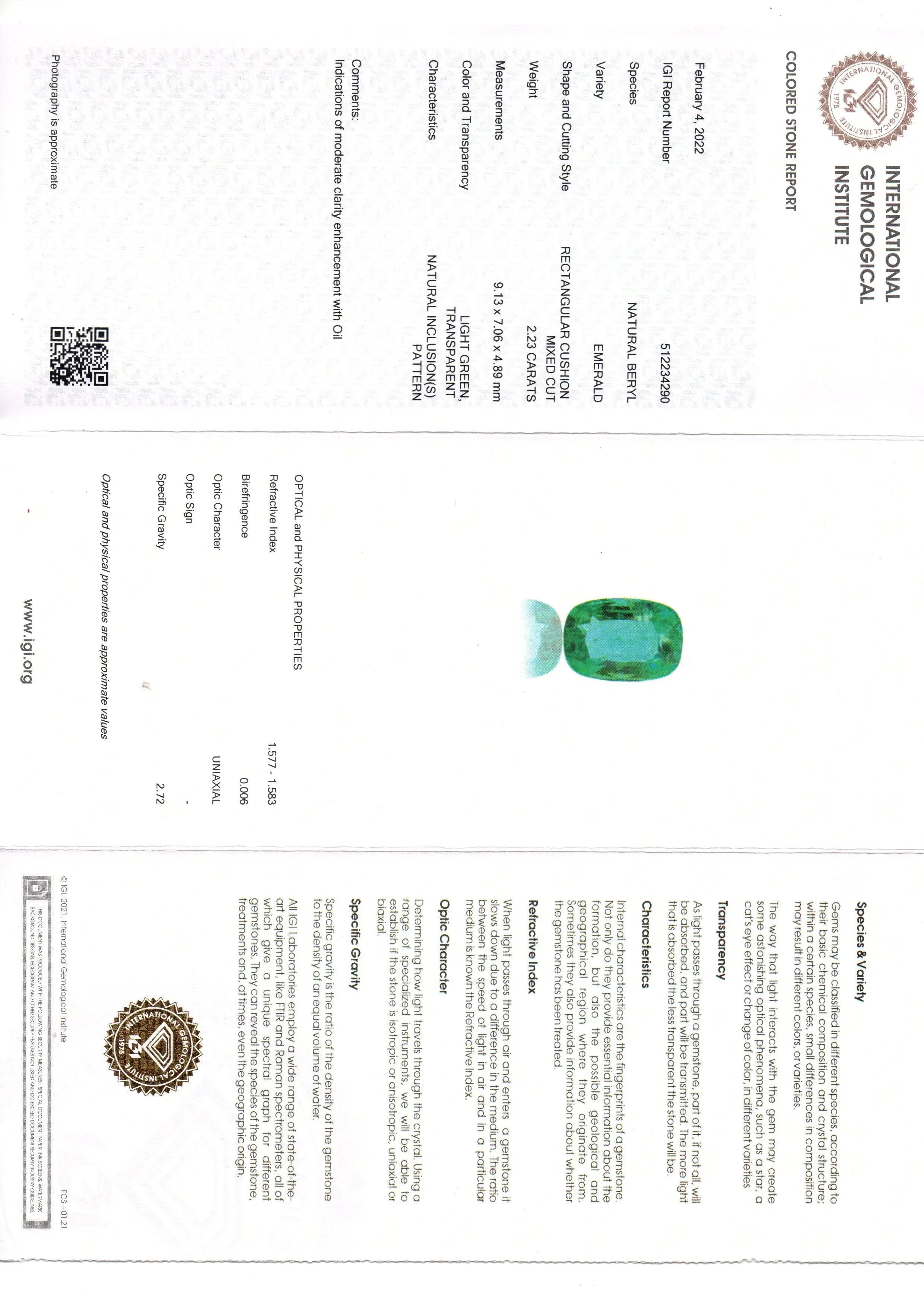 2.23 Ct IGI Certified Untreated Natural Zambian Emerald Gemstone AAA