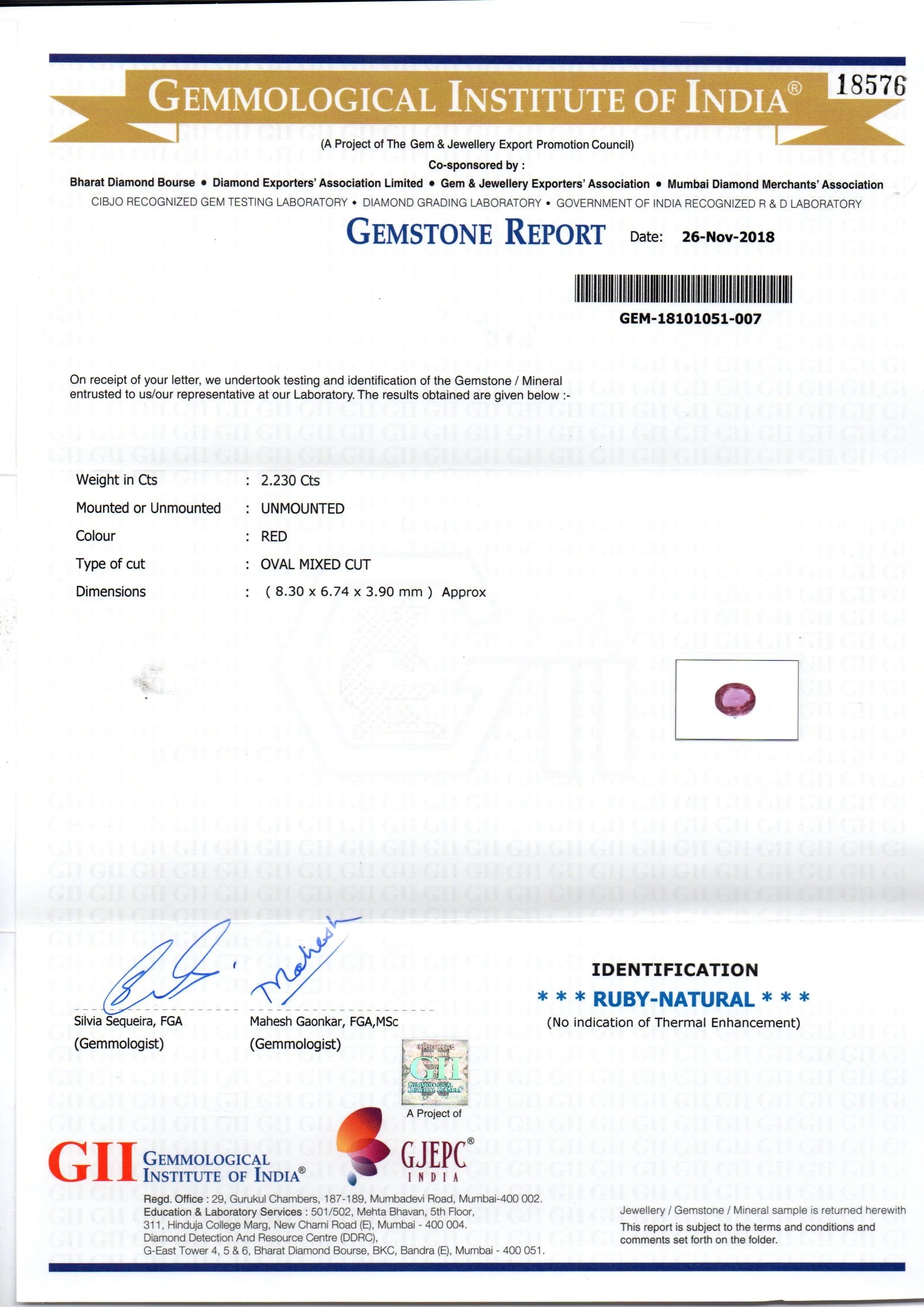 2.23 Ct GII Certified Unheated Untreated Natural Madagaskar Ruby AAA
