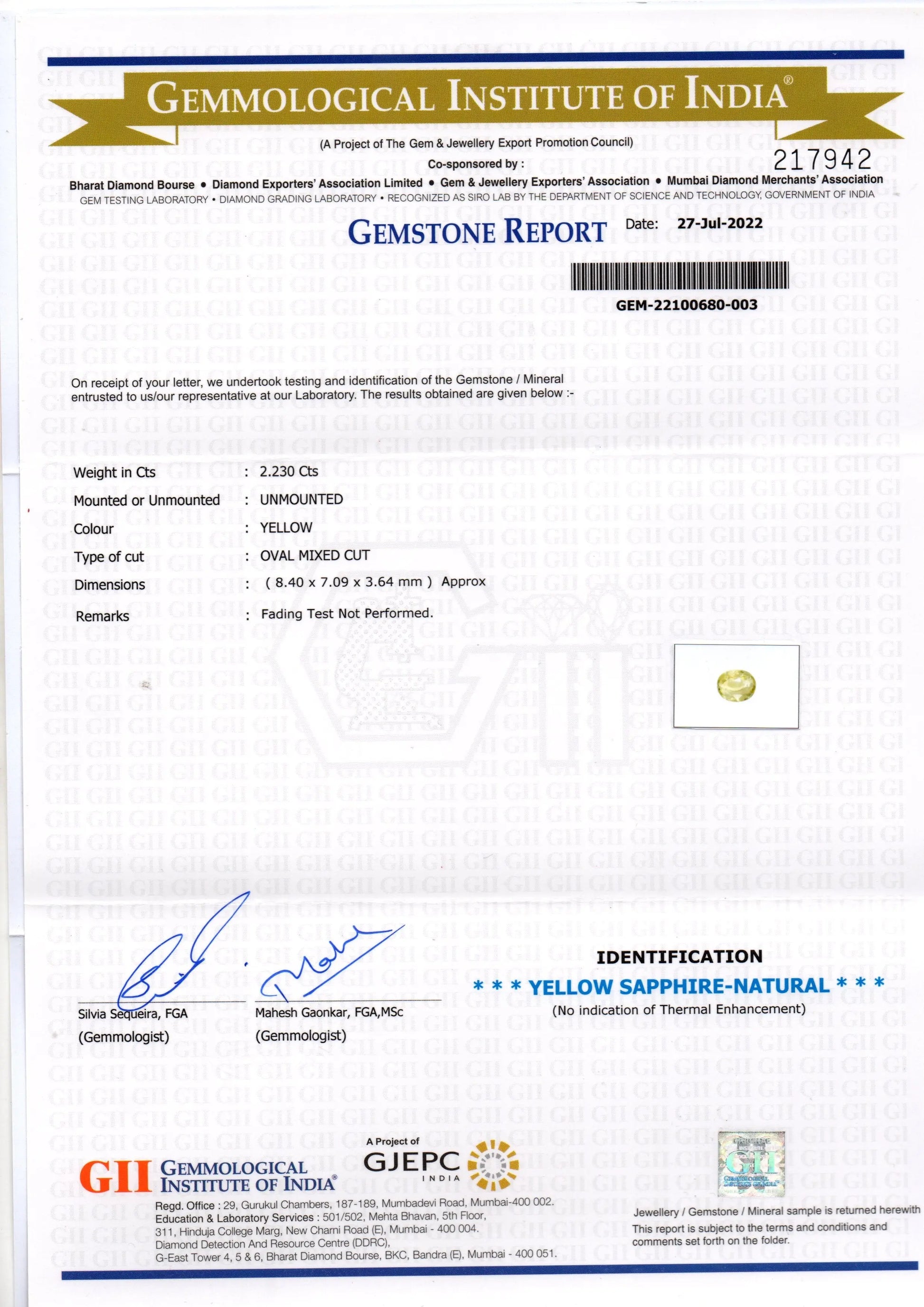 2.23 Ct GII Certified Unheated Untreated Natural Ceylon Yellow Sapphire