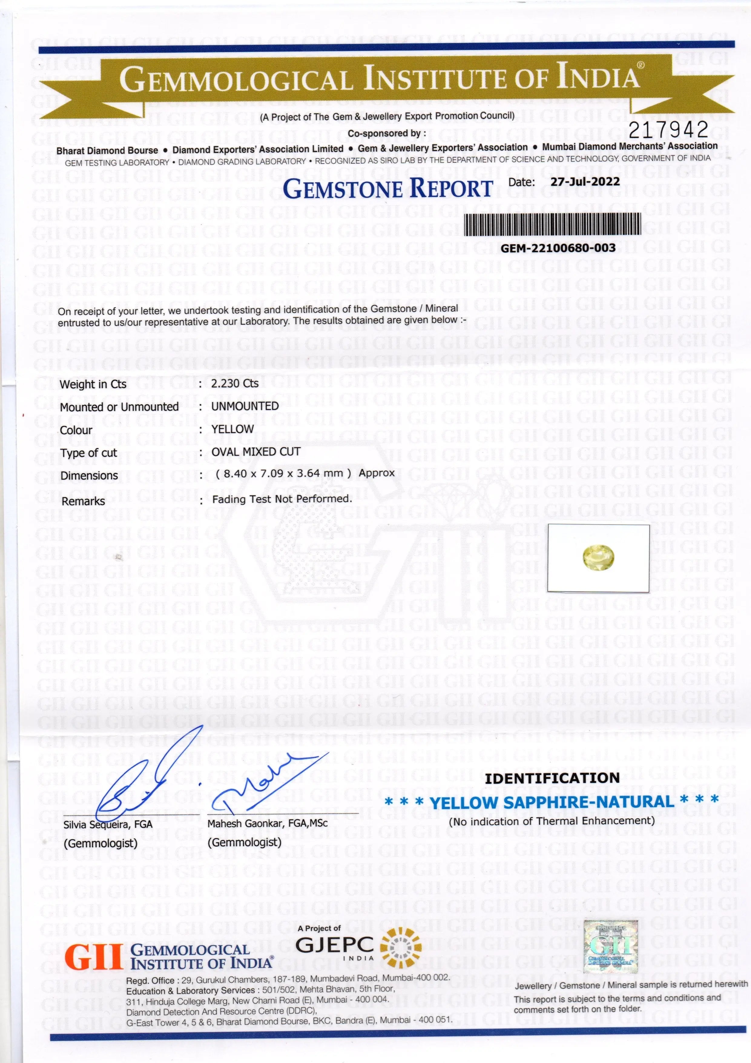 2.23 Ct GII Certified Unheated Untreated Natural Ceylon Yellow Sapphire