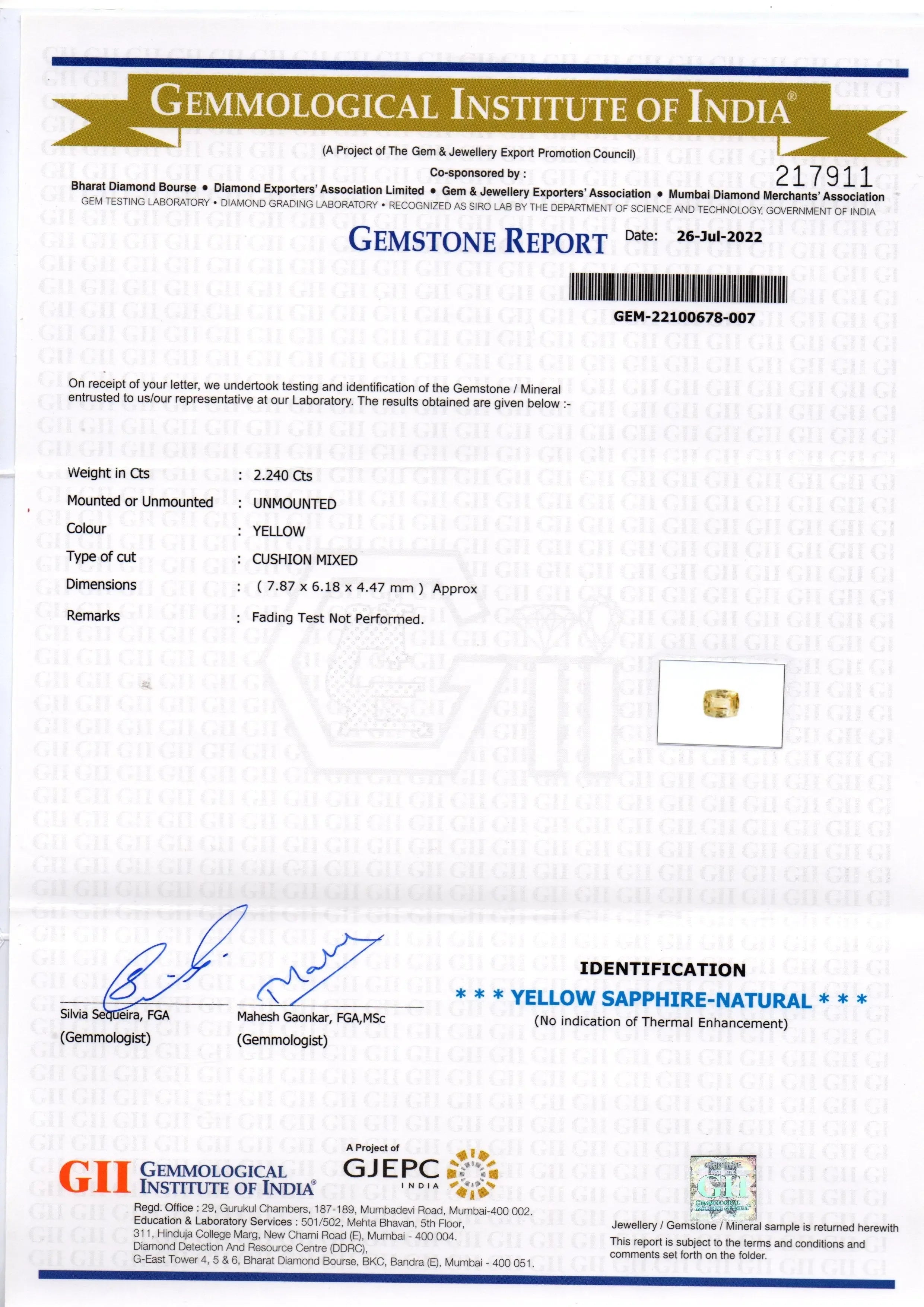 2.24 Ct GII Certified Unheated Untreated Natural Ceylon Yellow Sapphire - Venus Gems