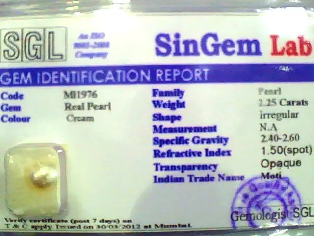 2.25 Ct Certified Natural Venunjula Real Pearl/Real Moti