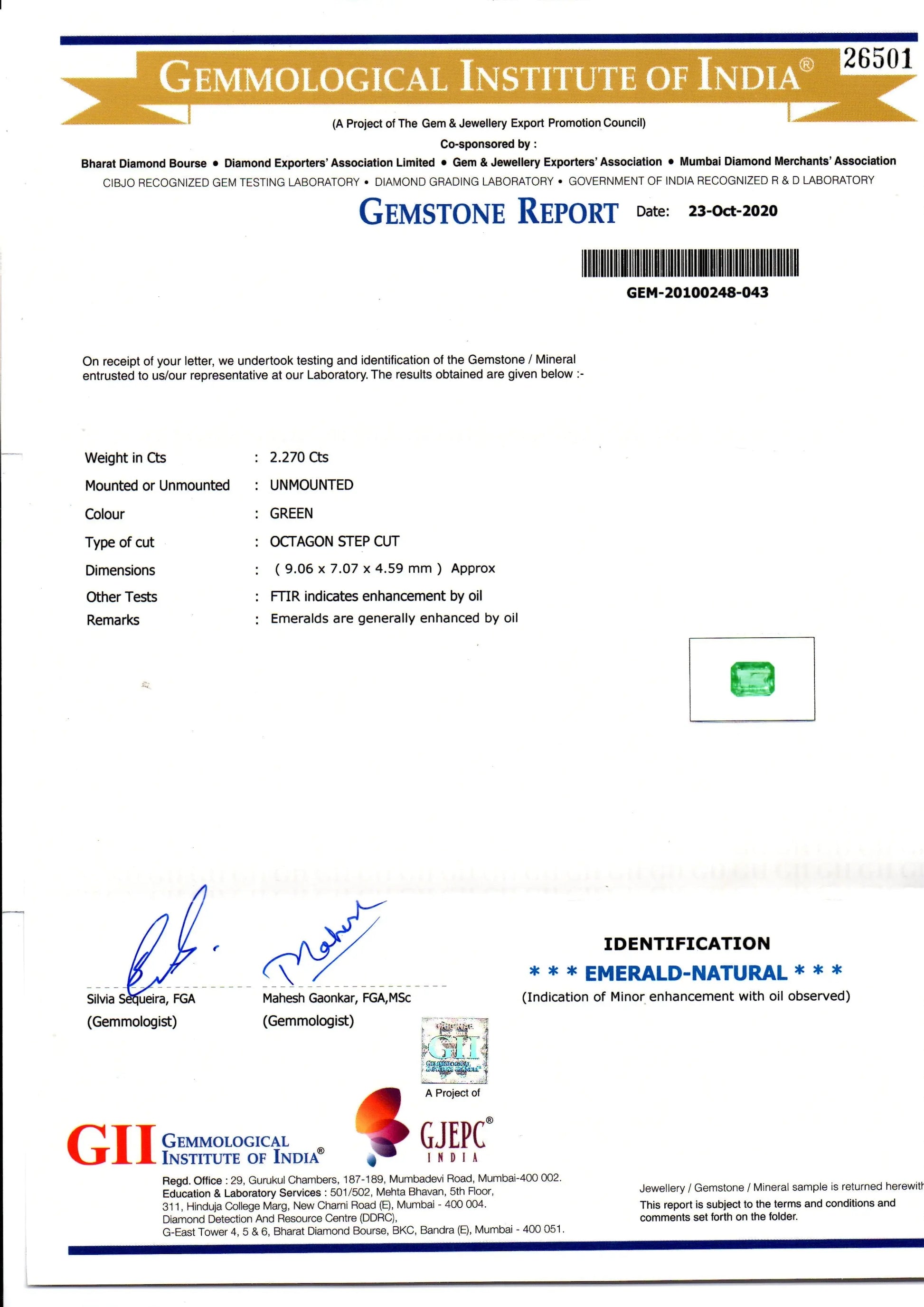 2.27 Ct GII Certified Untreated Natural Zambian Emerald Gemstone