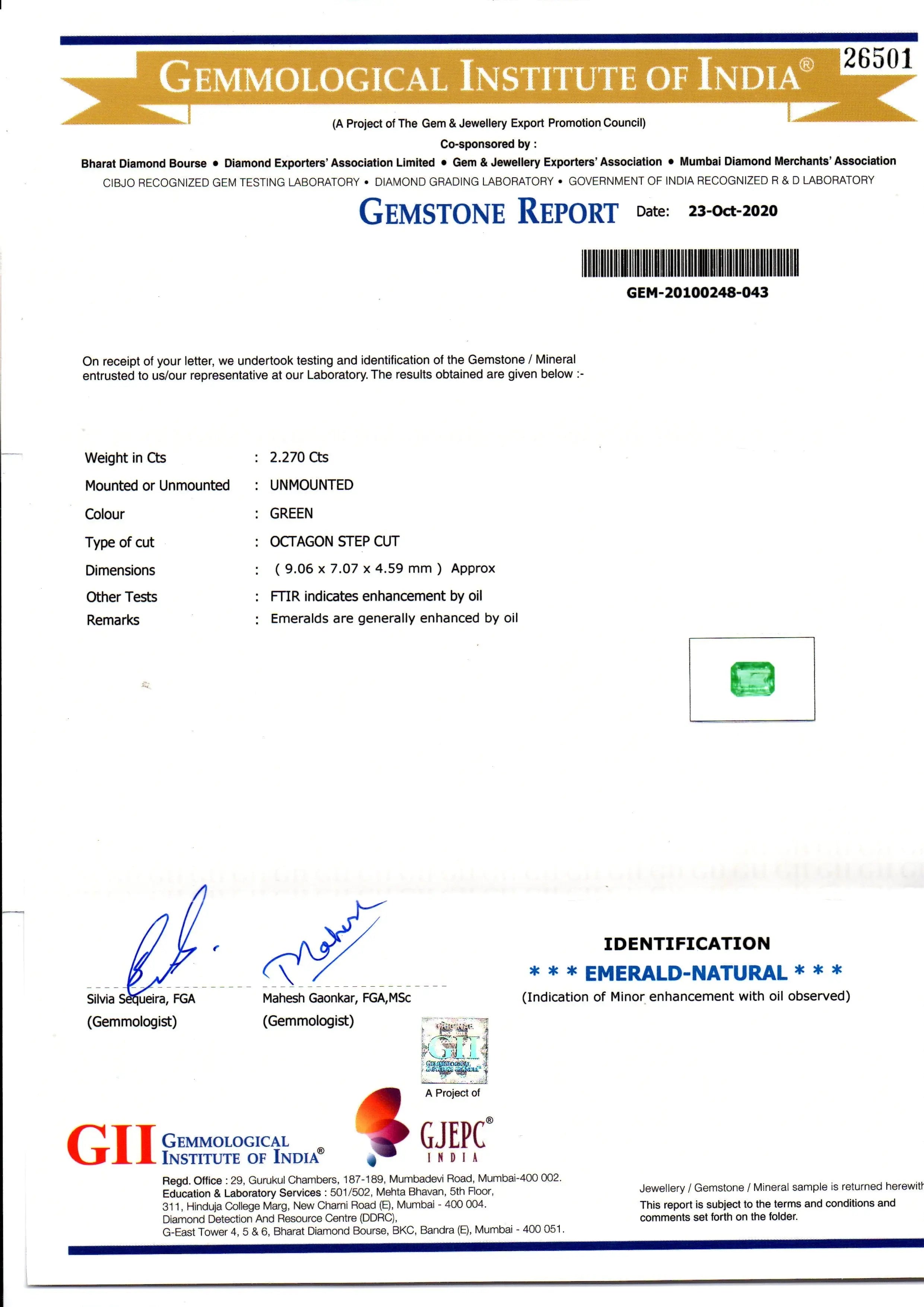2.27 Ct GII Certified Untreated Natural Zambian Emerald Gemstone