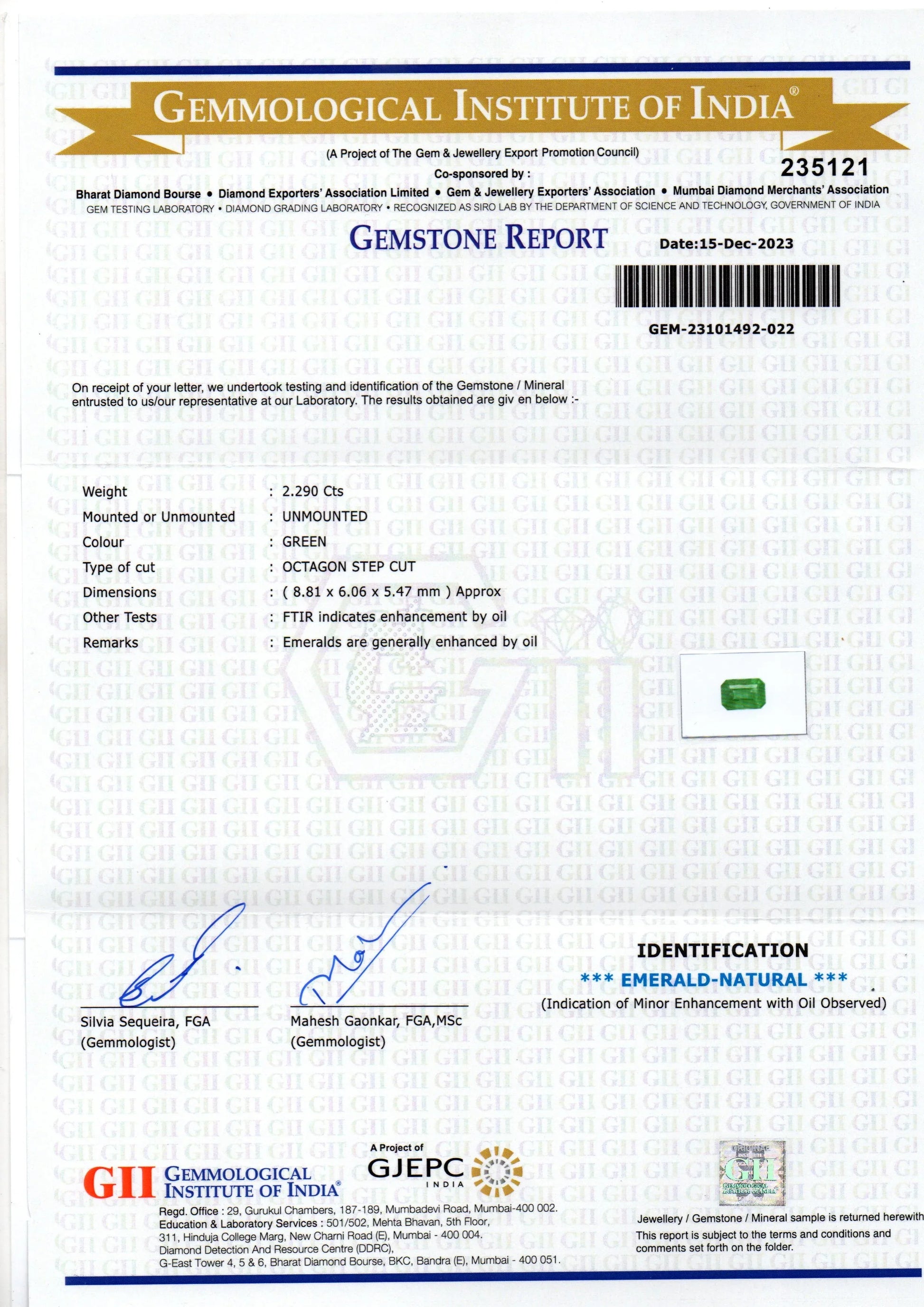 2.29 Ct GII Certified Untreated Natural Zambian Emerald Panna AAA - Venus Gems