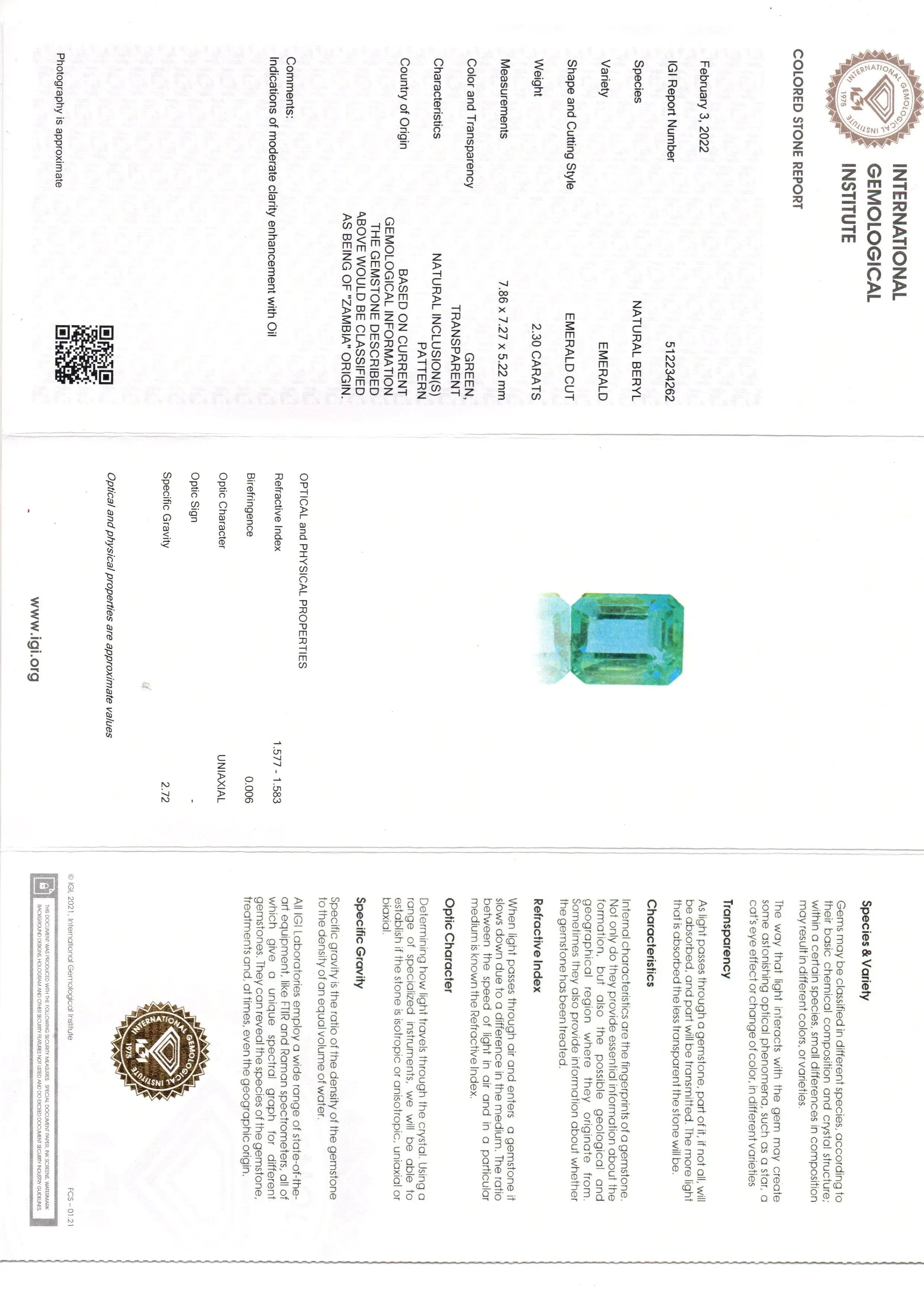 2.30 Ct IGI Certified Untreated Natural Zambian Emerald Gemstone AAA