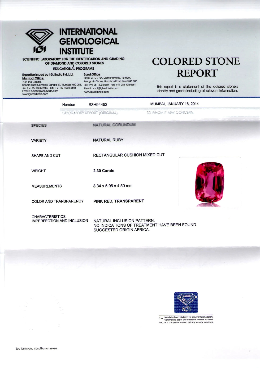 2.30 Ct IGI Certified Unheated Untreated Natural Pinkish Ruby **RARE**