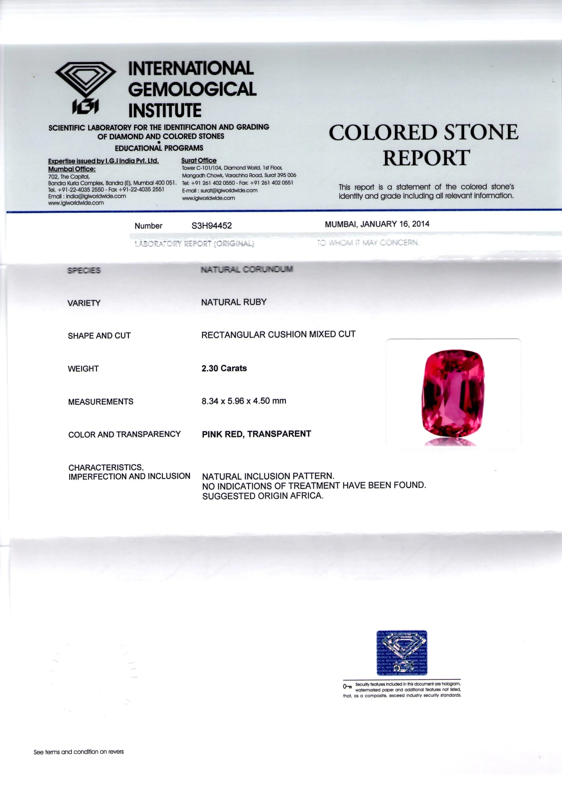 2.30 Ct IGI Certified Unheated Untreated Natural Pinkish Ruby **RARE**