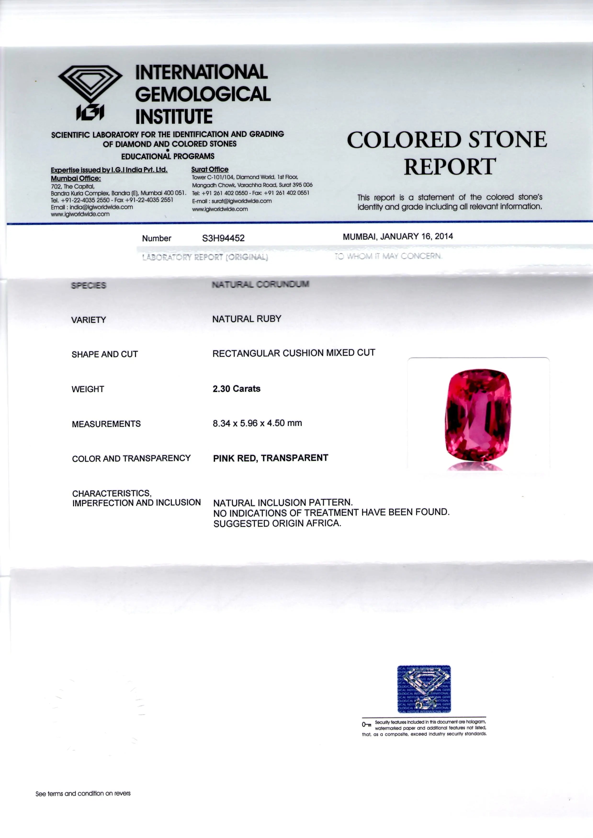 2.30 Ct IGI Certified Unheated Untreated Natural Pinkish Ruby **RARE**