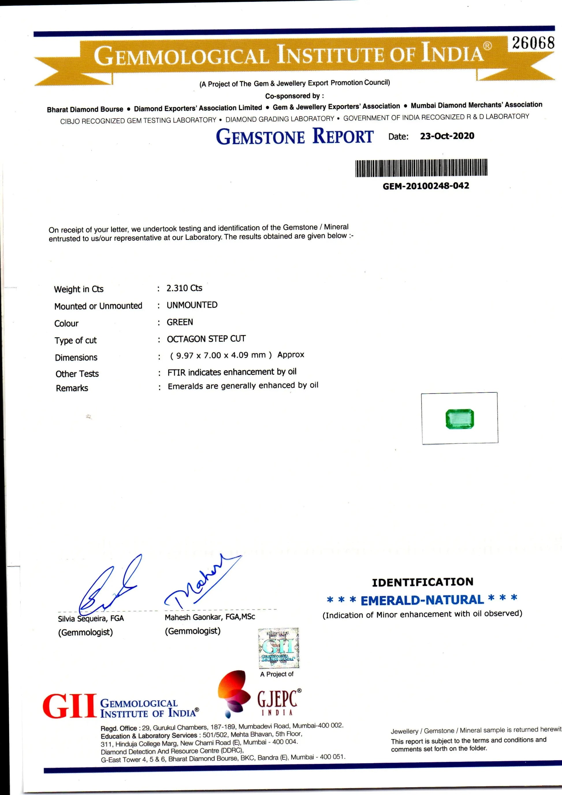 2.31 Ct GII Certified Untreated Natural Zambian Emerald Gems AAA