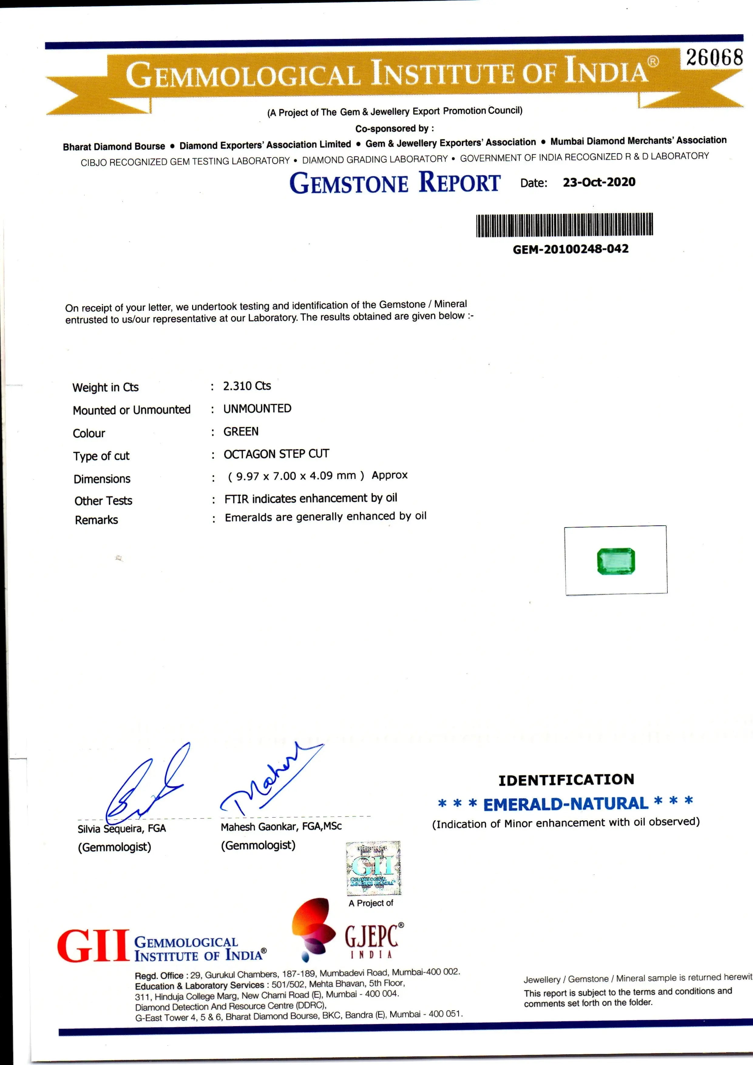 2.31 Ct GII Certified Untreated Natural Zambian Emerald Gems AAA