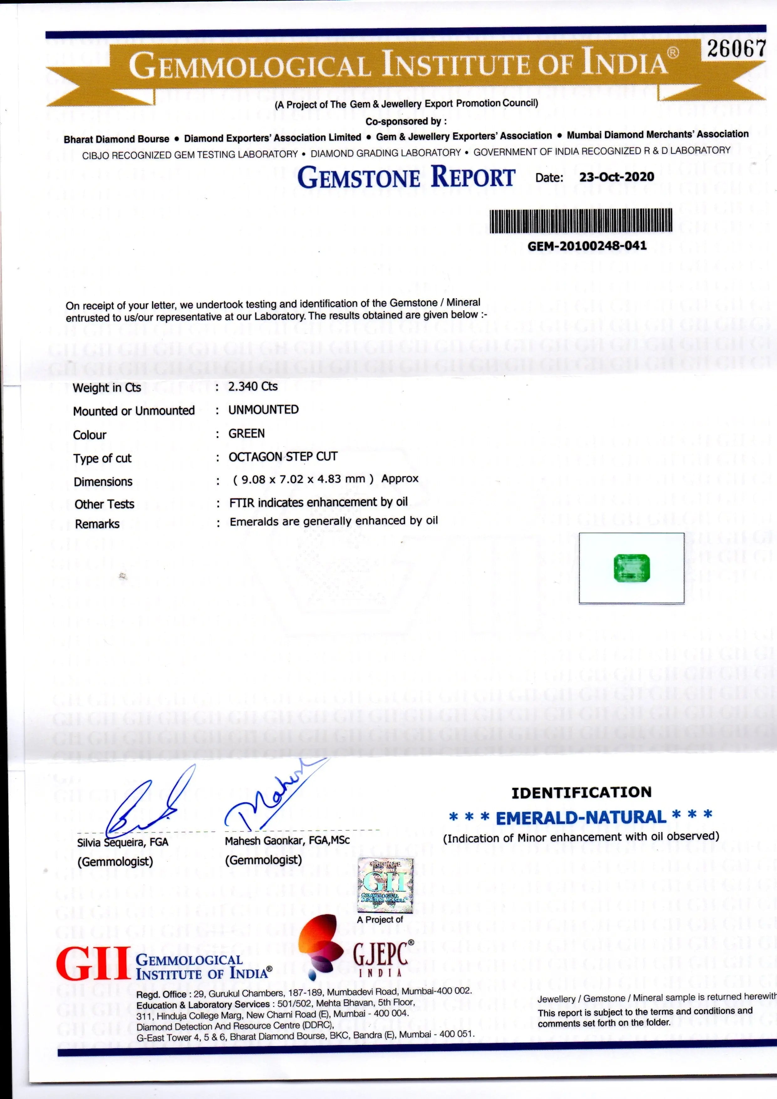 2.34 Ct GII Certified Untreated Natural Zambian Emerald Gemstone