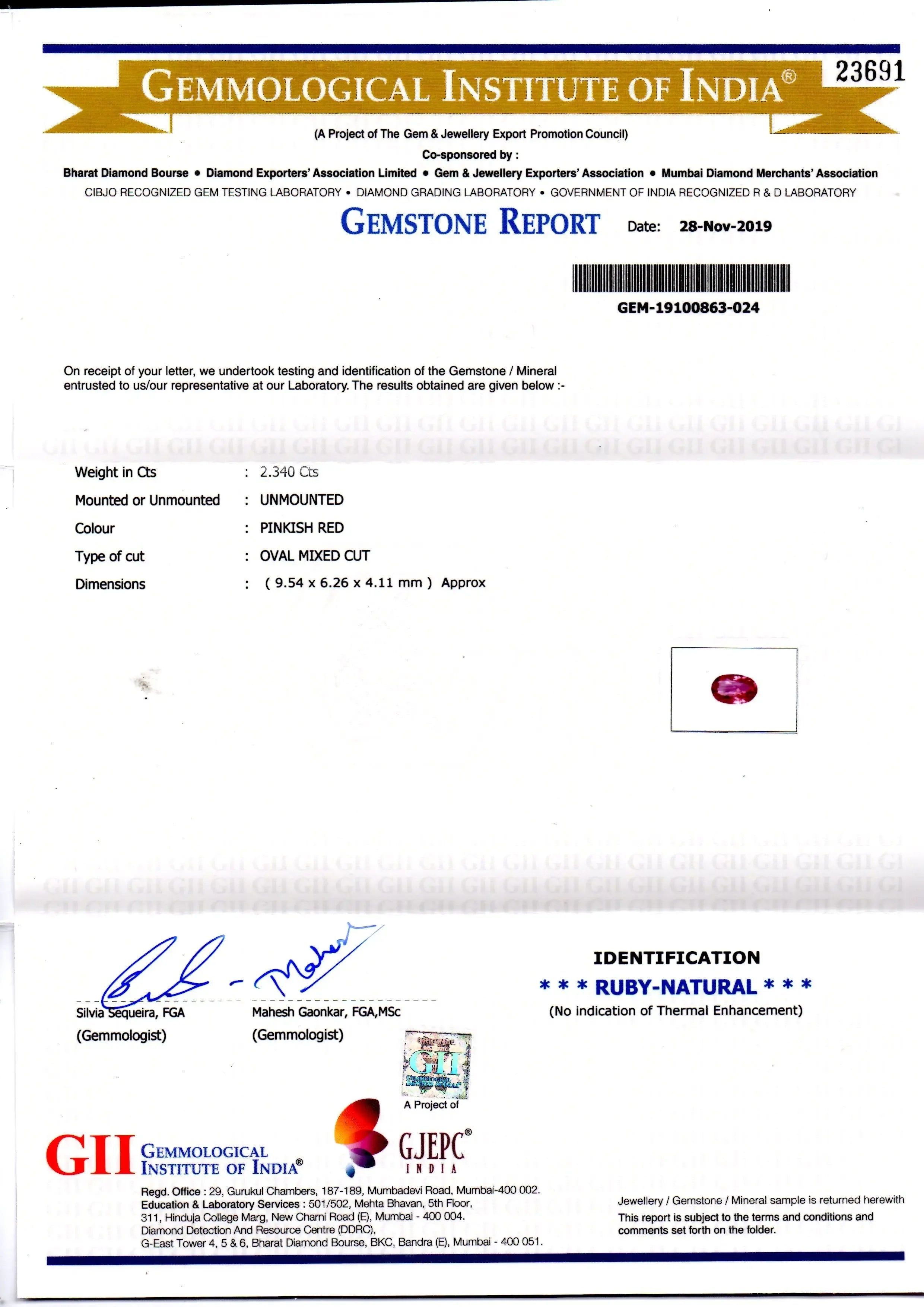 2.34 Ct GII Certified Unheated Untreated Natural Madagaskar Ruby - Venus Gems
