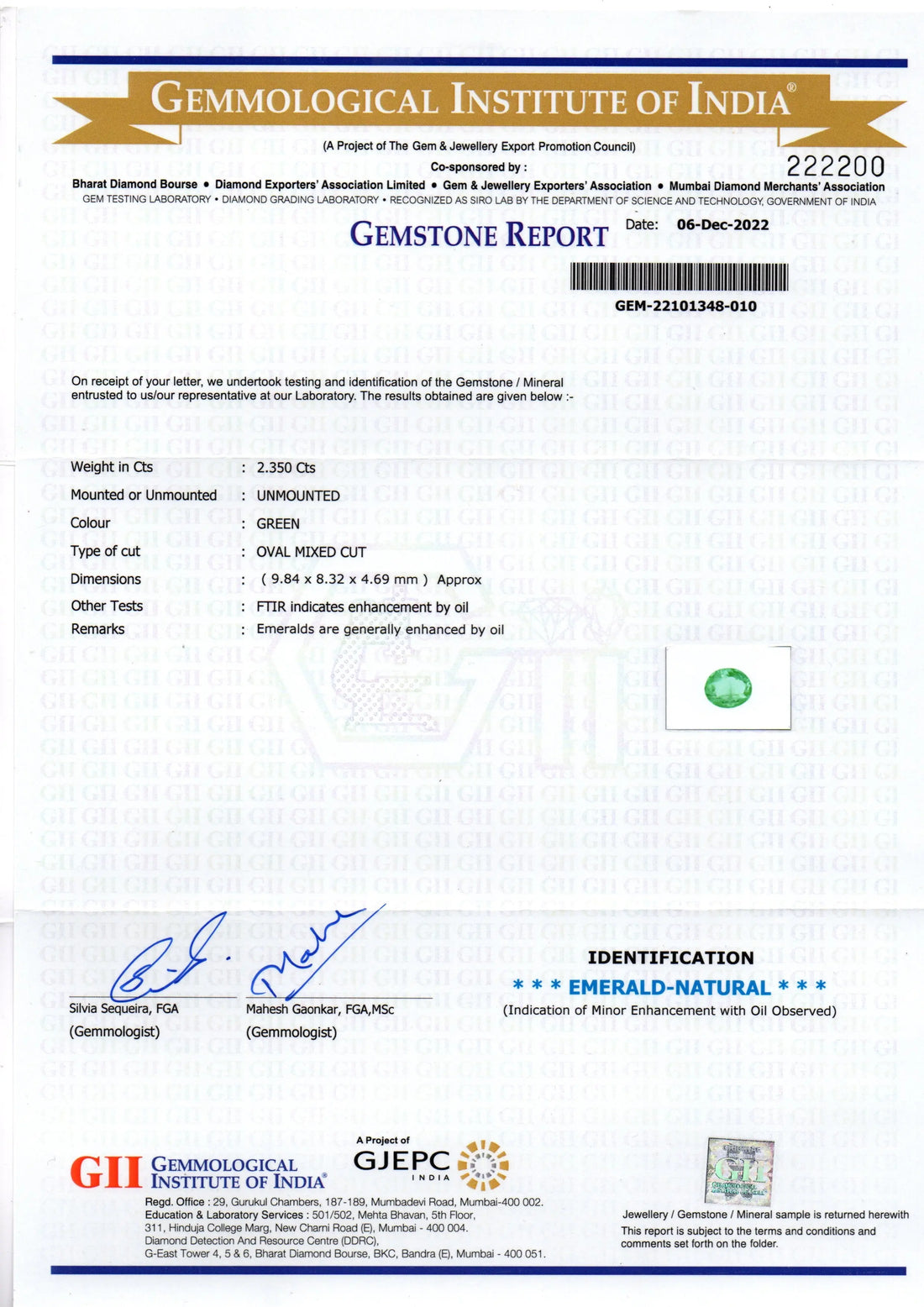 2.35 Ct GII Certified Untreated Natural Colombian Emerald Gemstone AAA