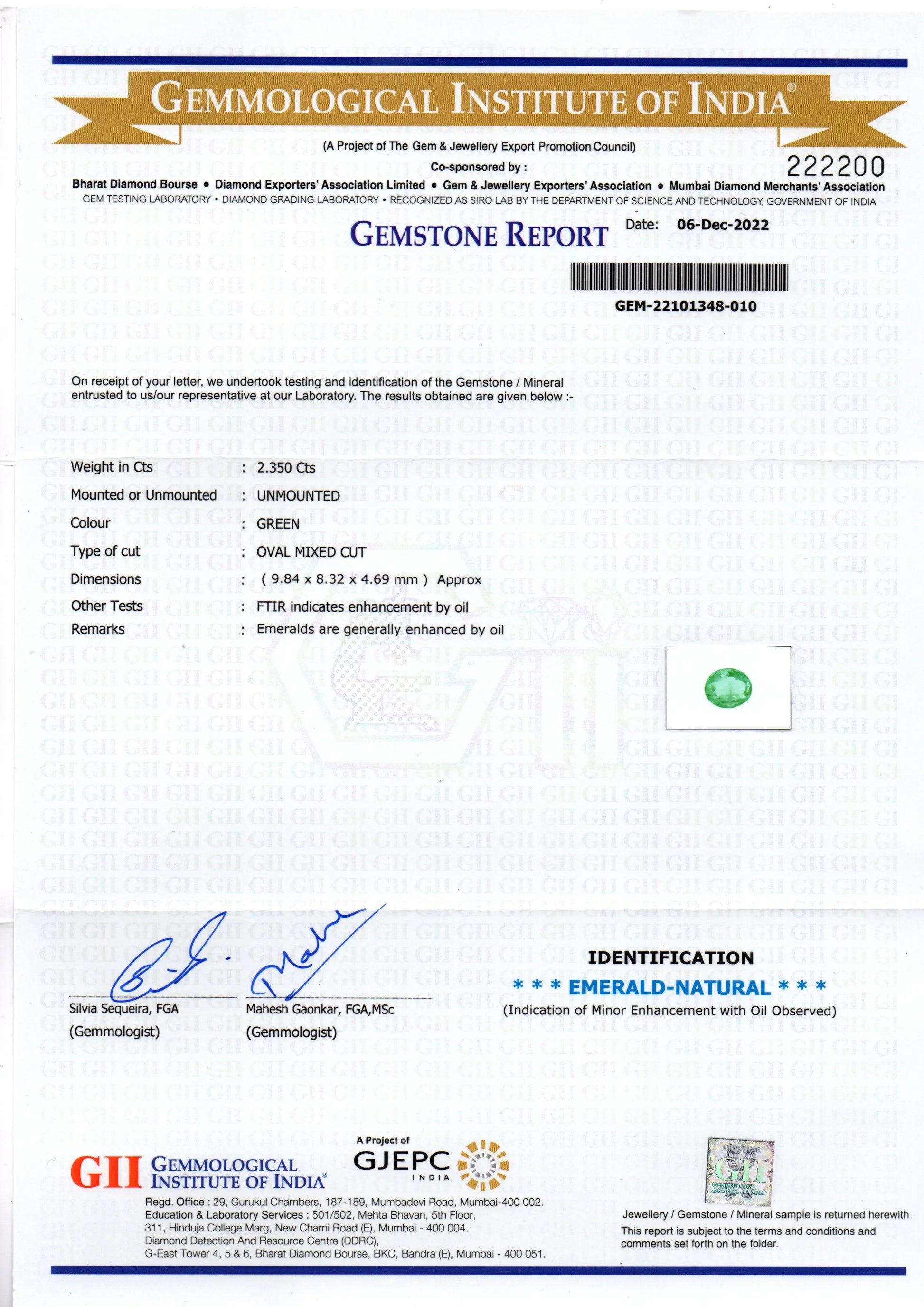 2.35 Ct GII Certified Untreated Natural Colombian Emerald Gemstone AAA