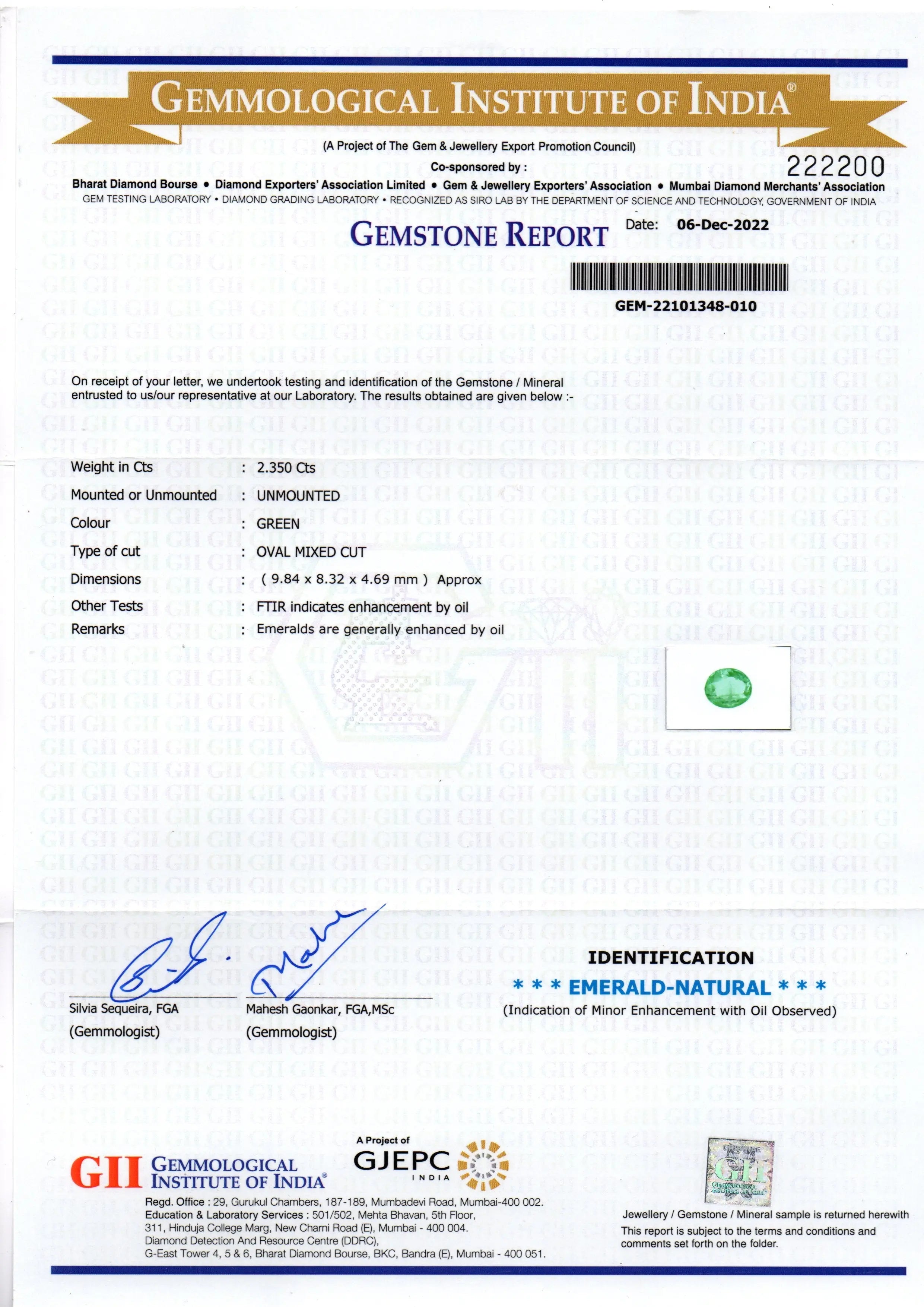 2.35 Ct GII Certified Untreated Natural Colombian Emerald Gemstone AAA