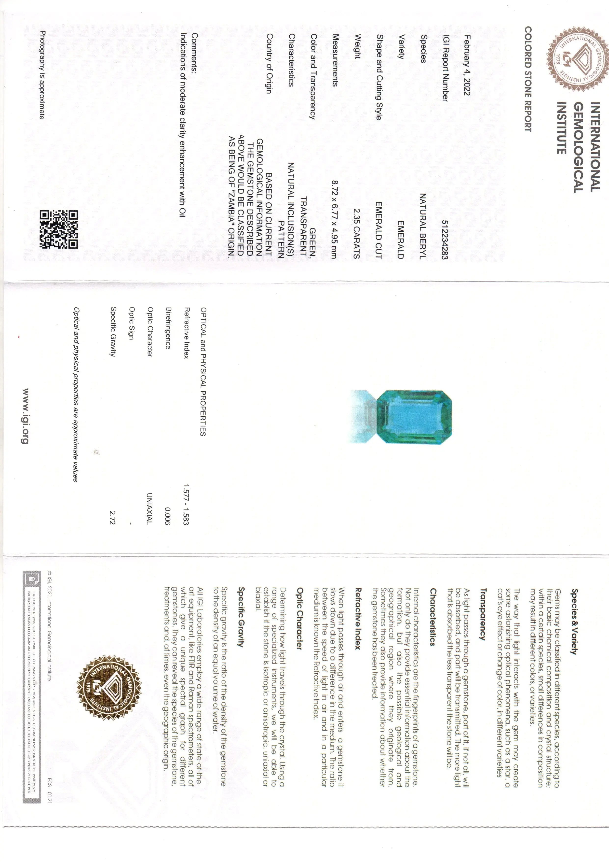 2.35 Ct IGI Certified Untreated Natural Zambian Emerald Gemstone AAA