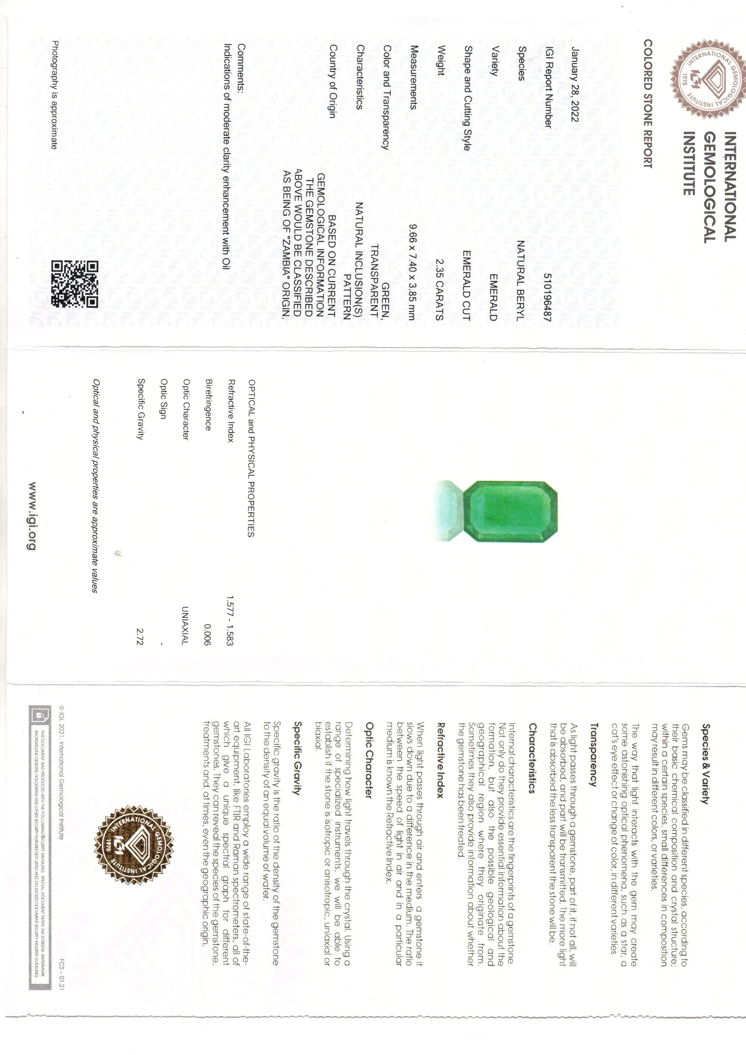 2.35 Ct IGI Certified Untreated Natural Zambian Emerald Gemstone