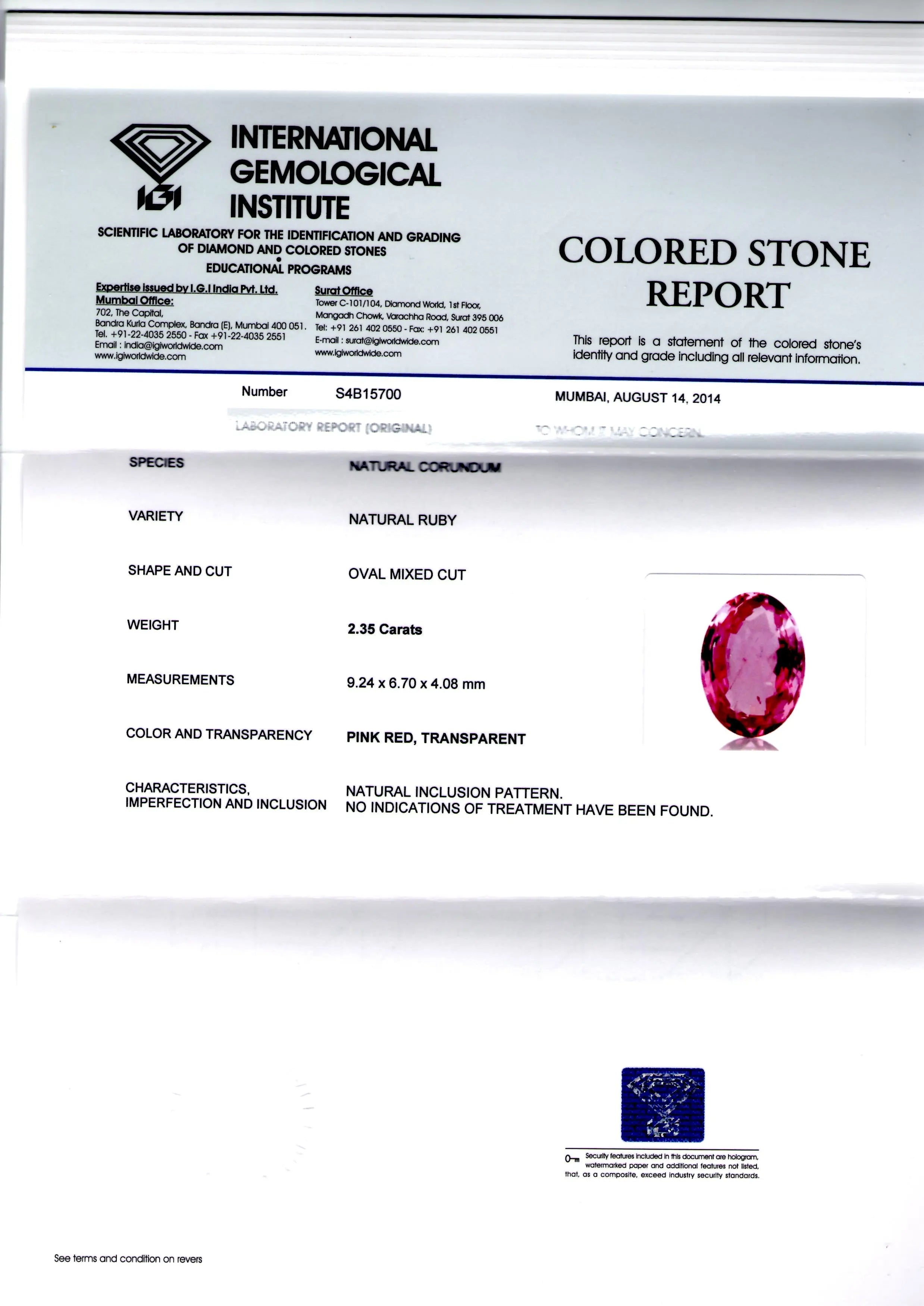 2.35 Ct IGI Certified Unheated Untreated Natural Madagaskar Ruby