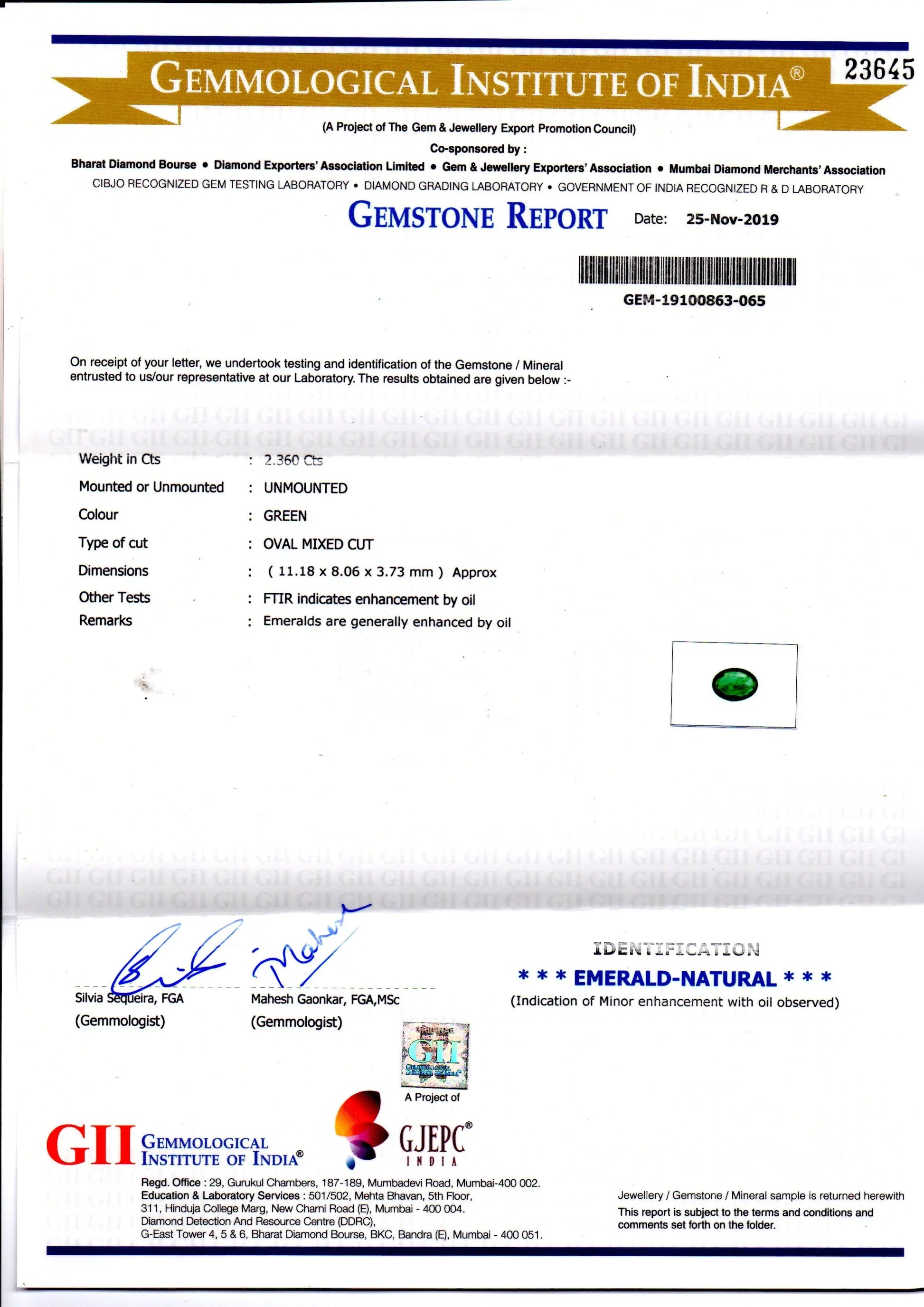 2.36 Ct GII Certified Untreated Natural Zambian Emerald Gems AAAAA