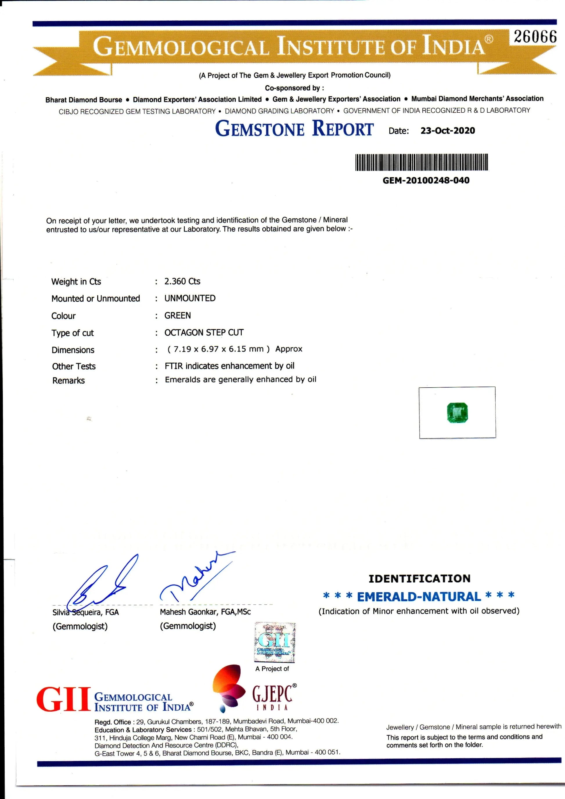 2.36 Ct GII Certified Untreated Natural Zambian Emerald Gems AAA