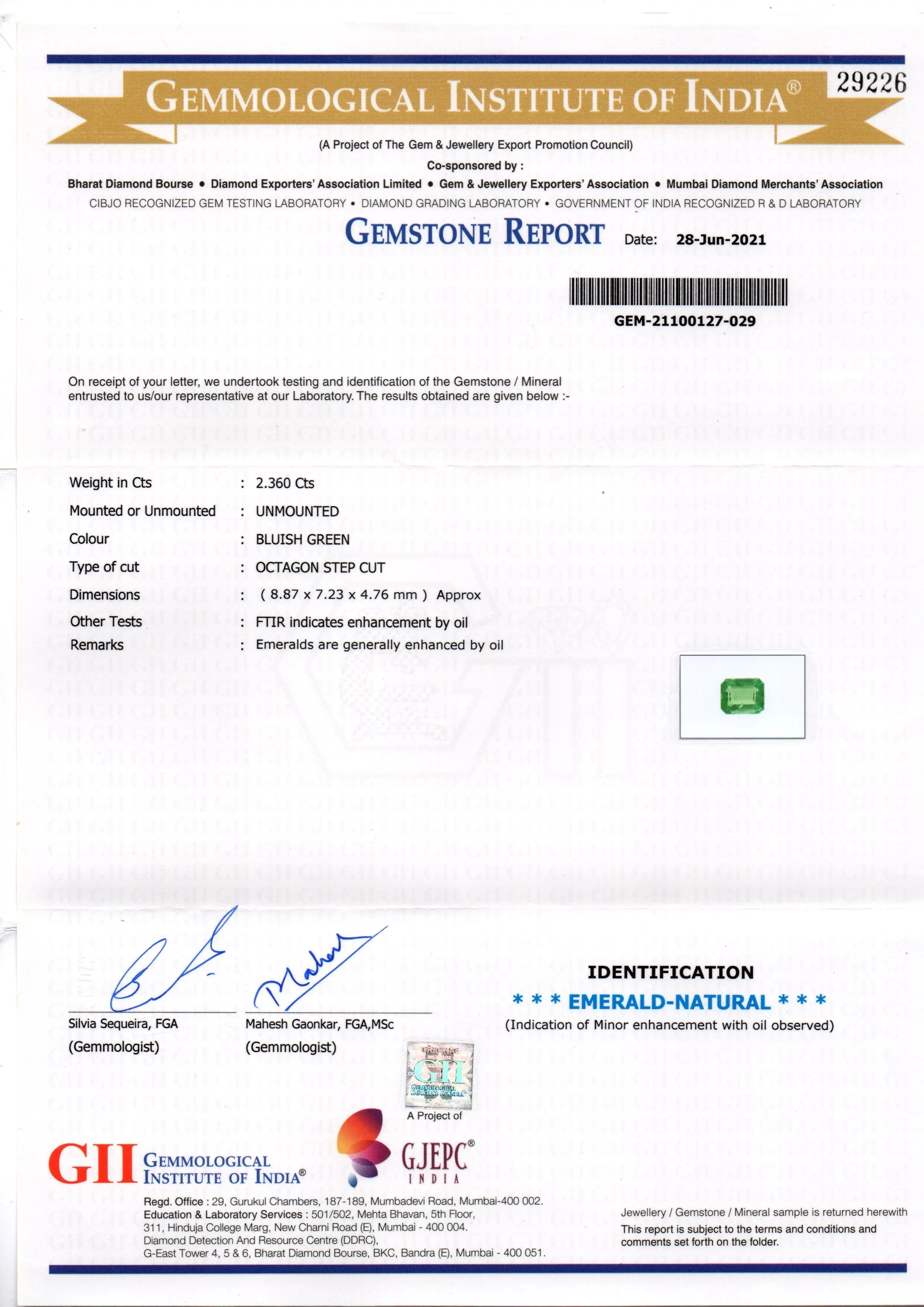 2.36 Ct GII Certified Untreated Natural Zambian Emerald Gemstone AAAAA