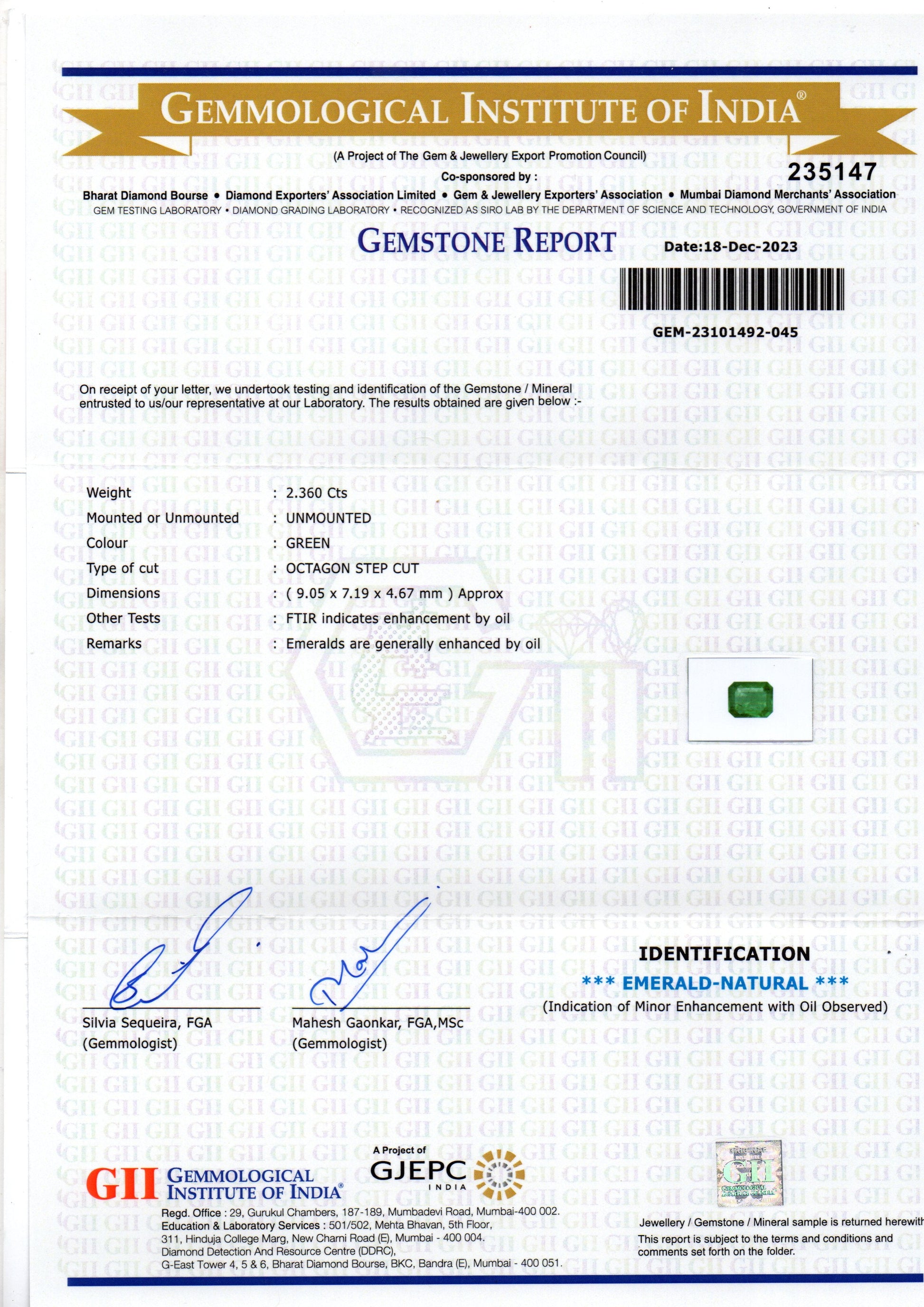 2.36 Ct GII Certified Untreated Natural Zambian Emerald Panna AAA