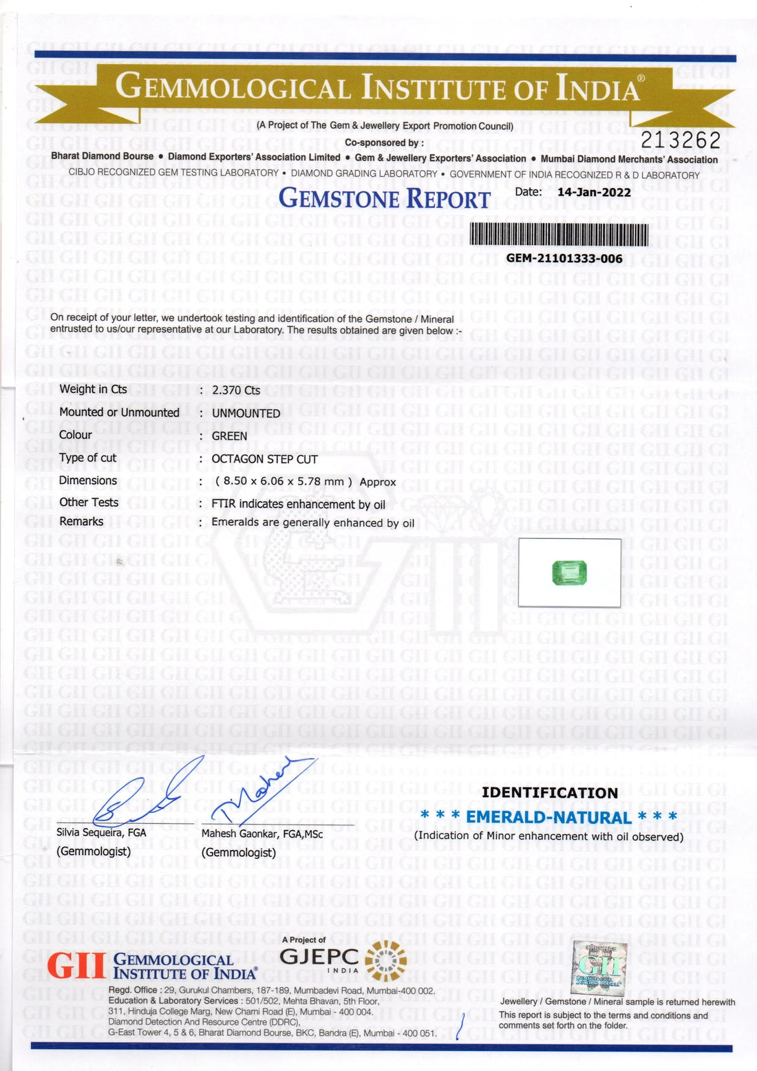 2.37 Ct GII Certified Untreated Natural Zambian Emerald Gemstone - Venus Gems