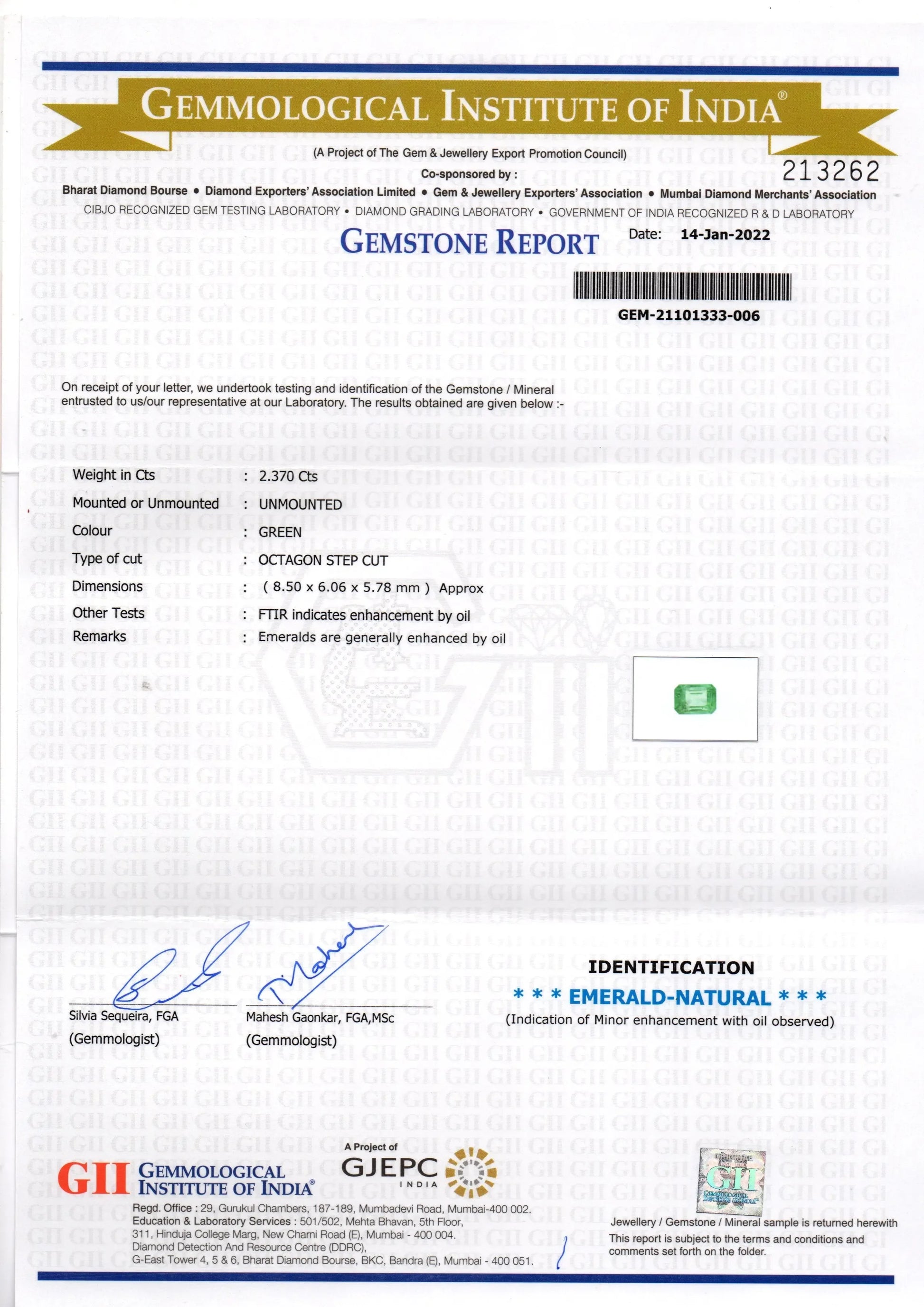 2.37 Ct GII Certified Untreated Natural Zambian Emerald Gemstone - Venus Gems