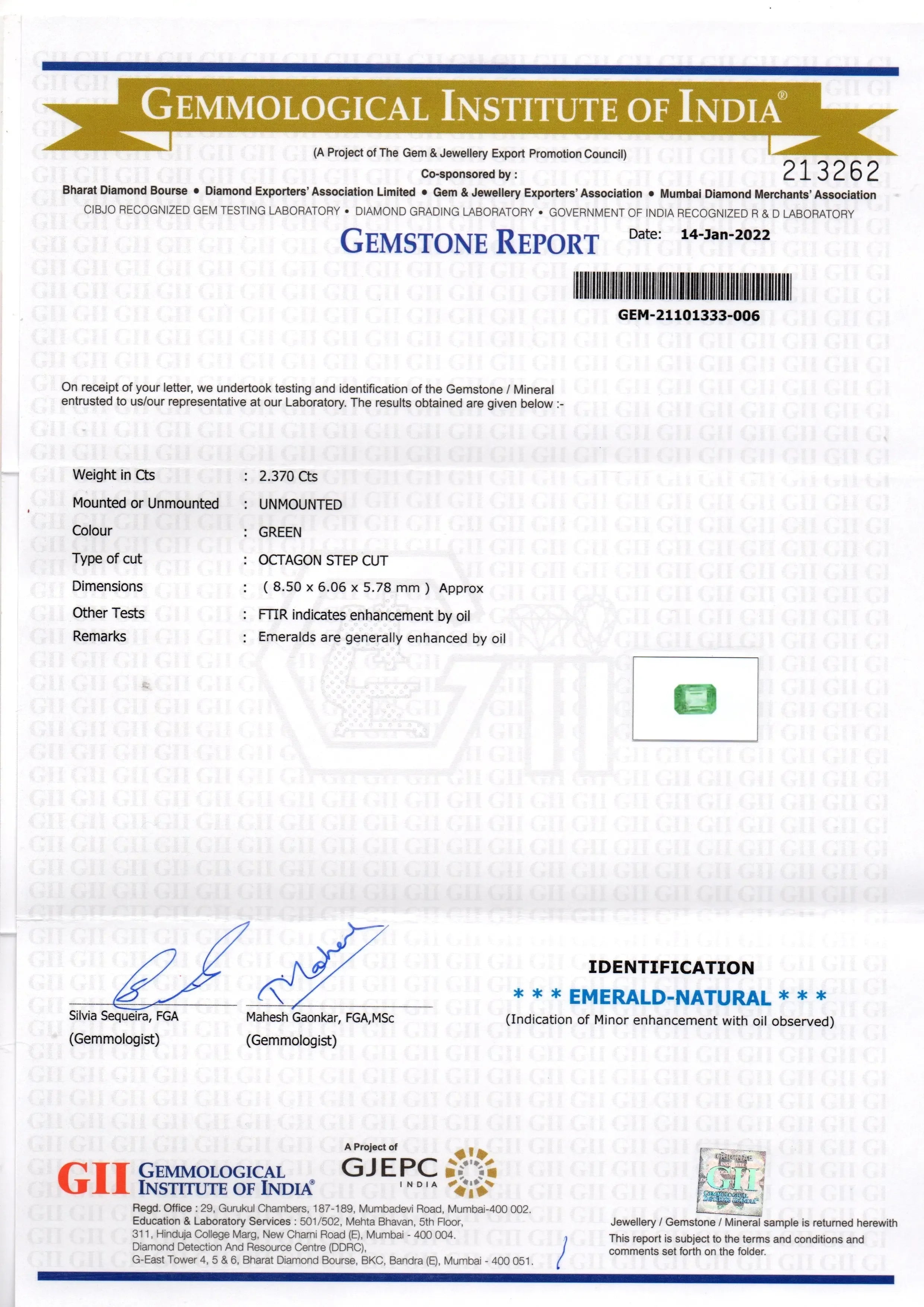 2.37 Ct GII Certified Untreated Natural Zambian Emerald Gemstone - Venus Gems