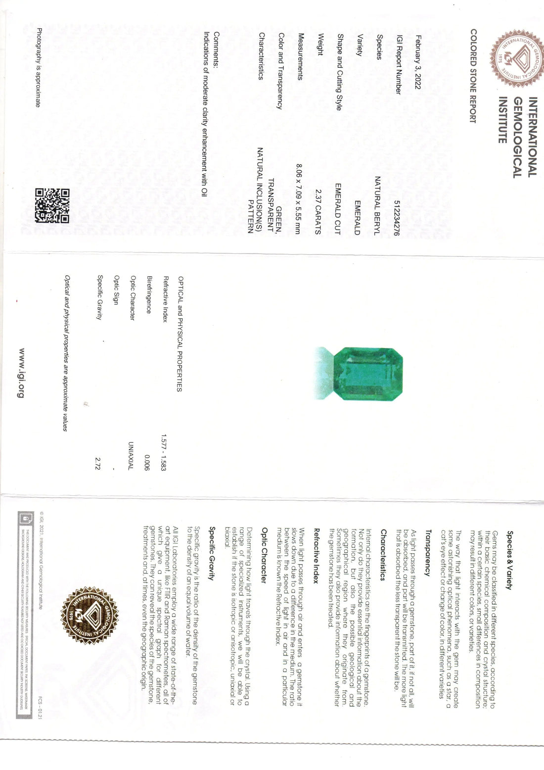 2.37 Ct IGI Certified Untreated Natural Zambian Emerald Gemstone AAA