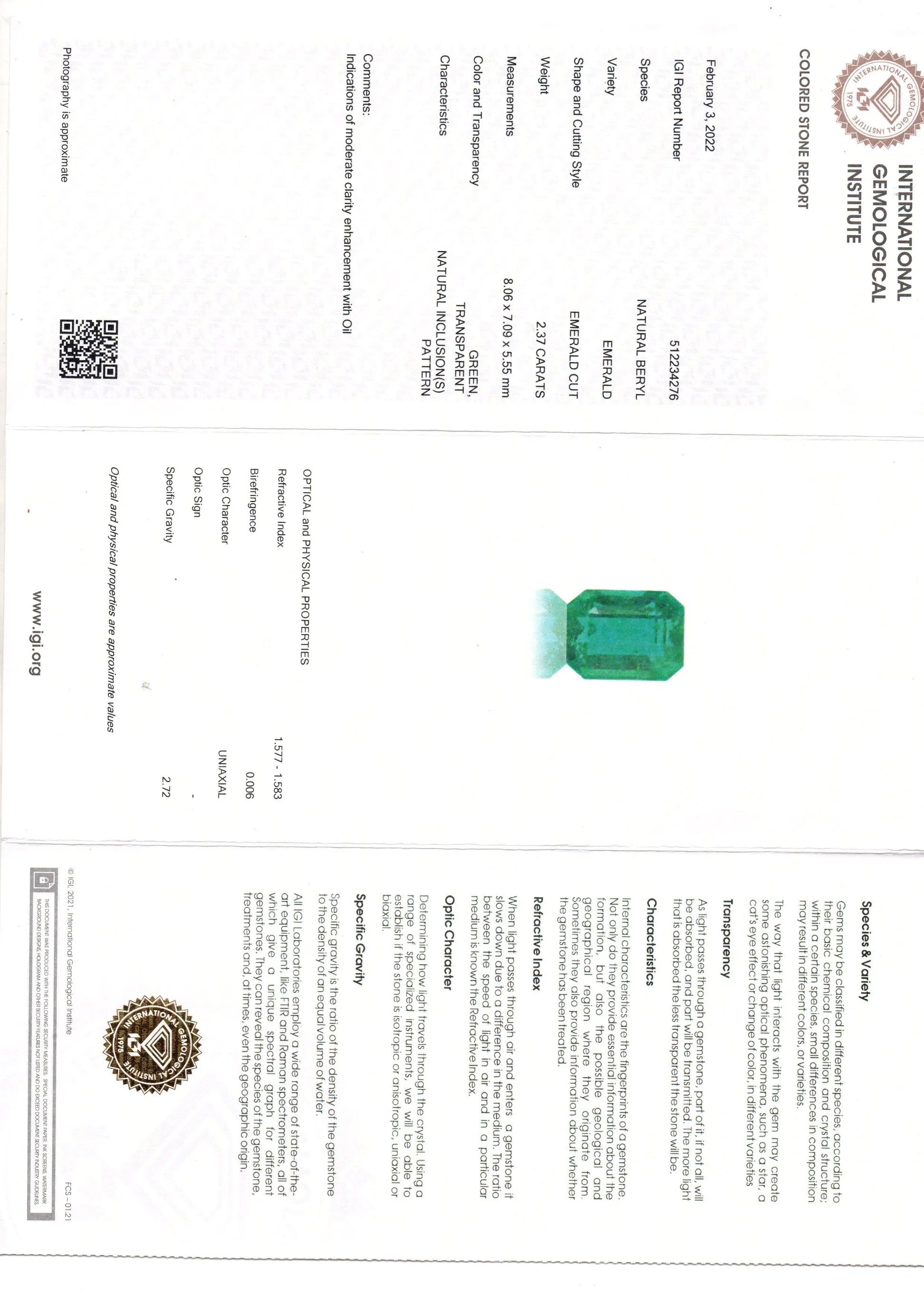 2.37 Ct IGI Certified Untreated Natural Zambian Emerald Gemstone AAA