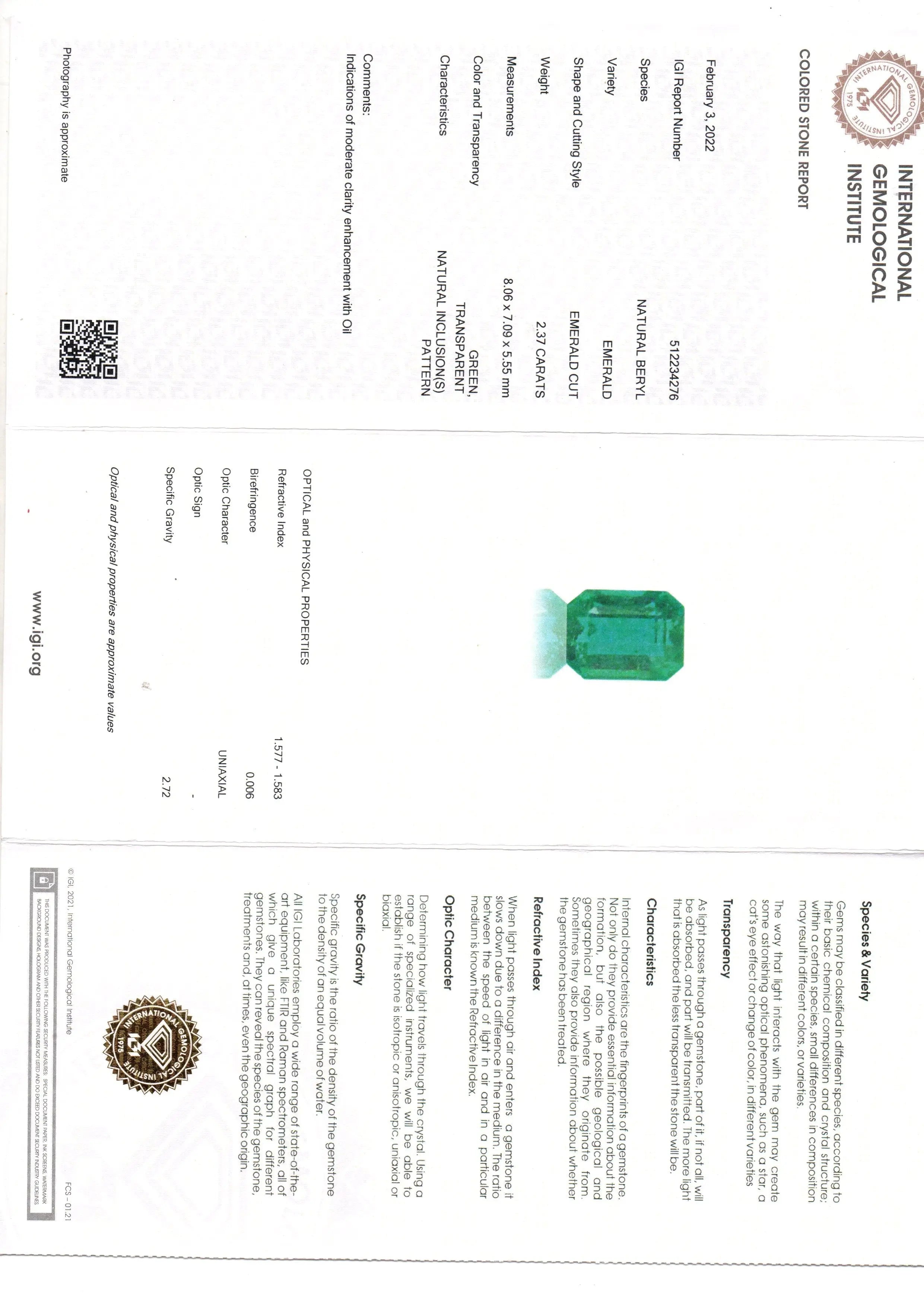 2.37 Ct IGI Certified Untreated Natural Zambian Emerald Gemstone AAA