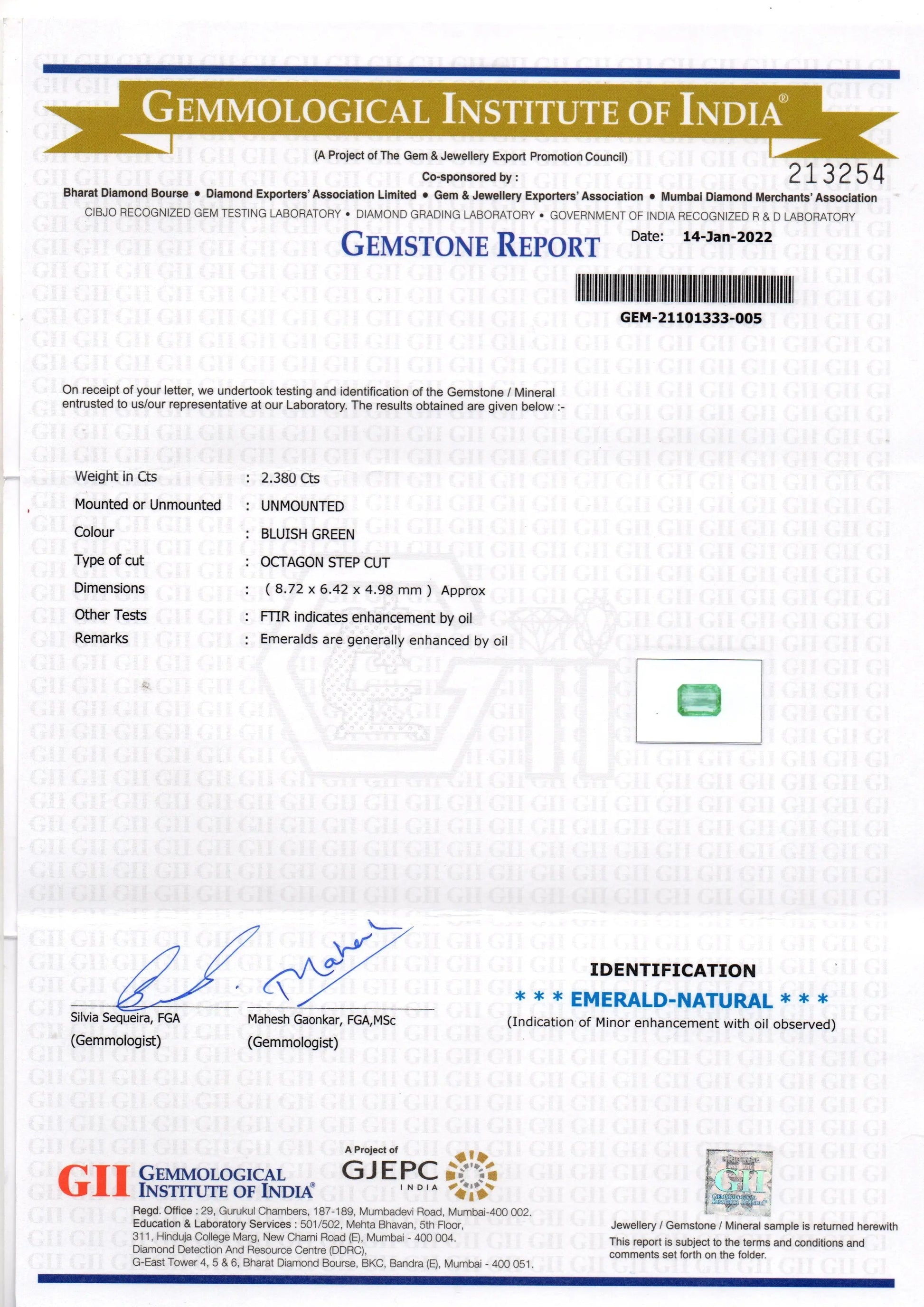 2.38 Ct GII Certified Untreated Natural Zambian Emerald Gemstone