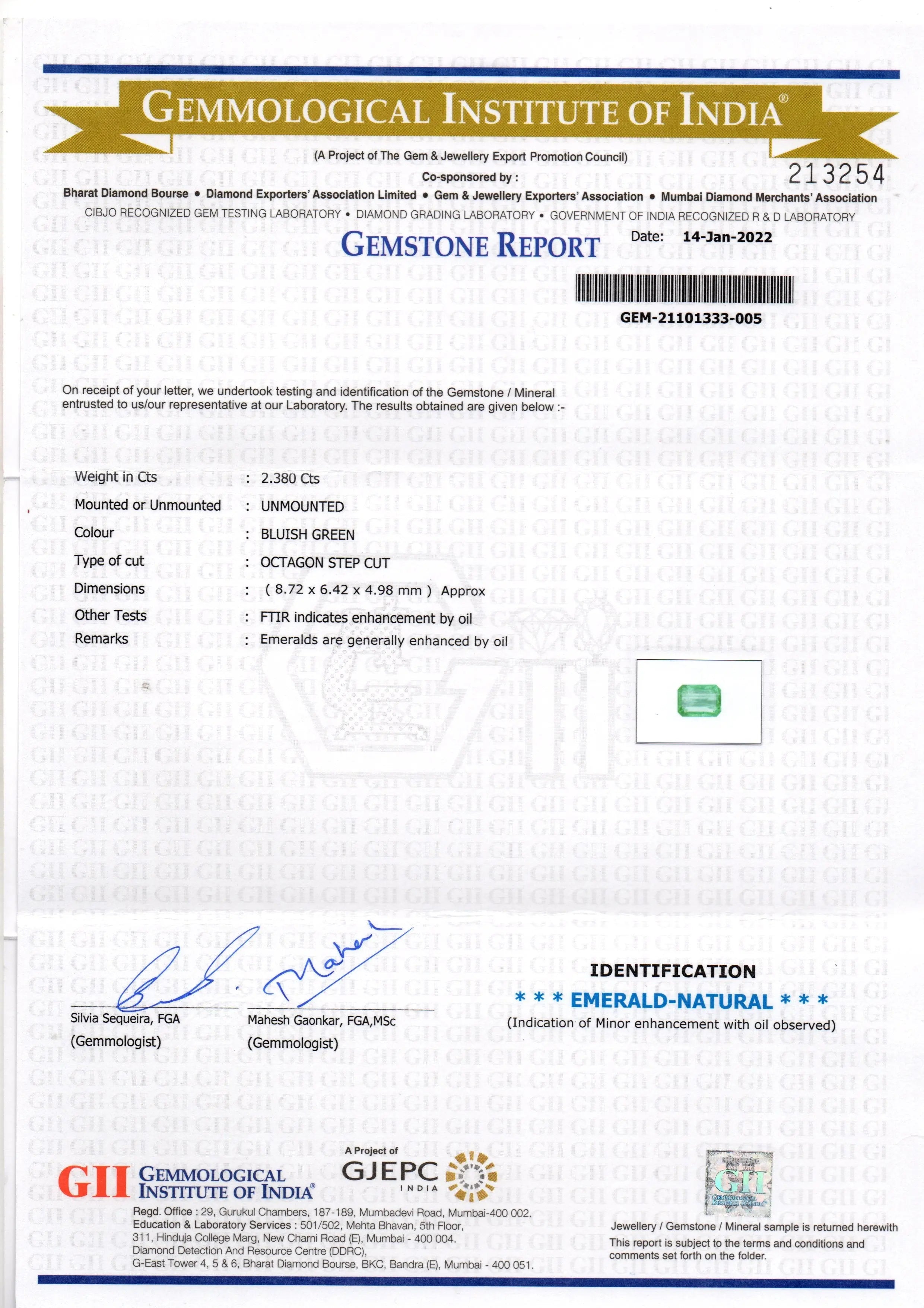 2.38 Ct GII Certified Untreated Natural Zambian Emerald Gemstone