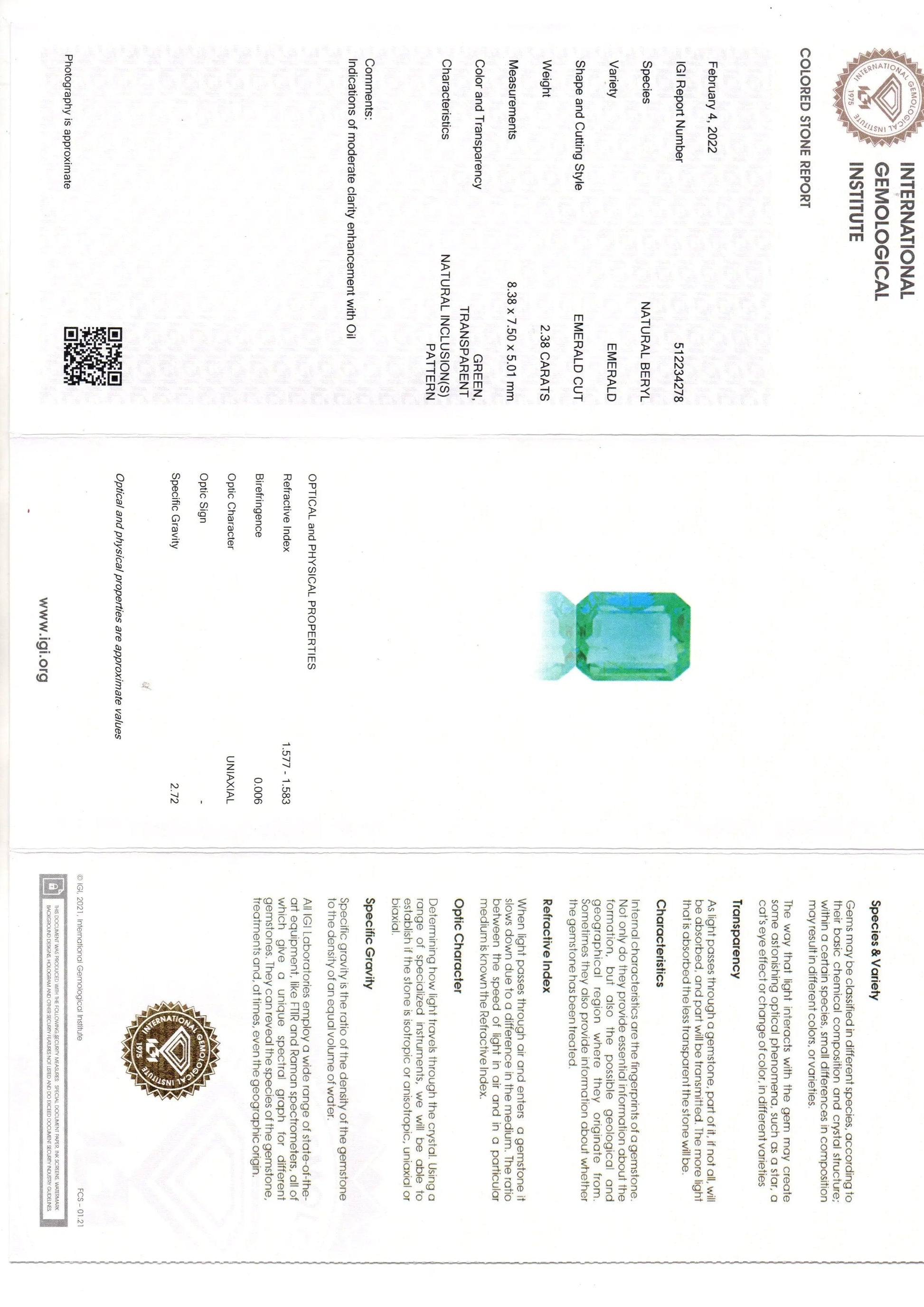 2.38 Ct IGI Certified Untreated Natural Zambian Emerald Gemstone AAA