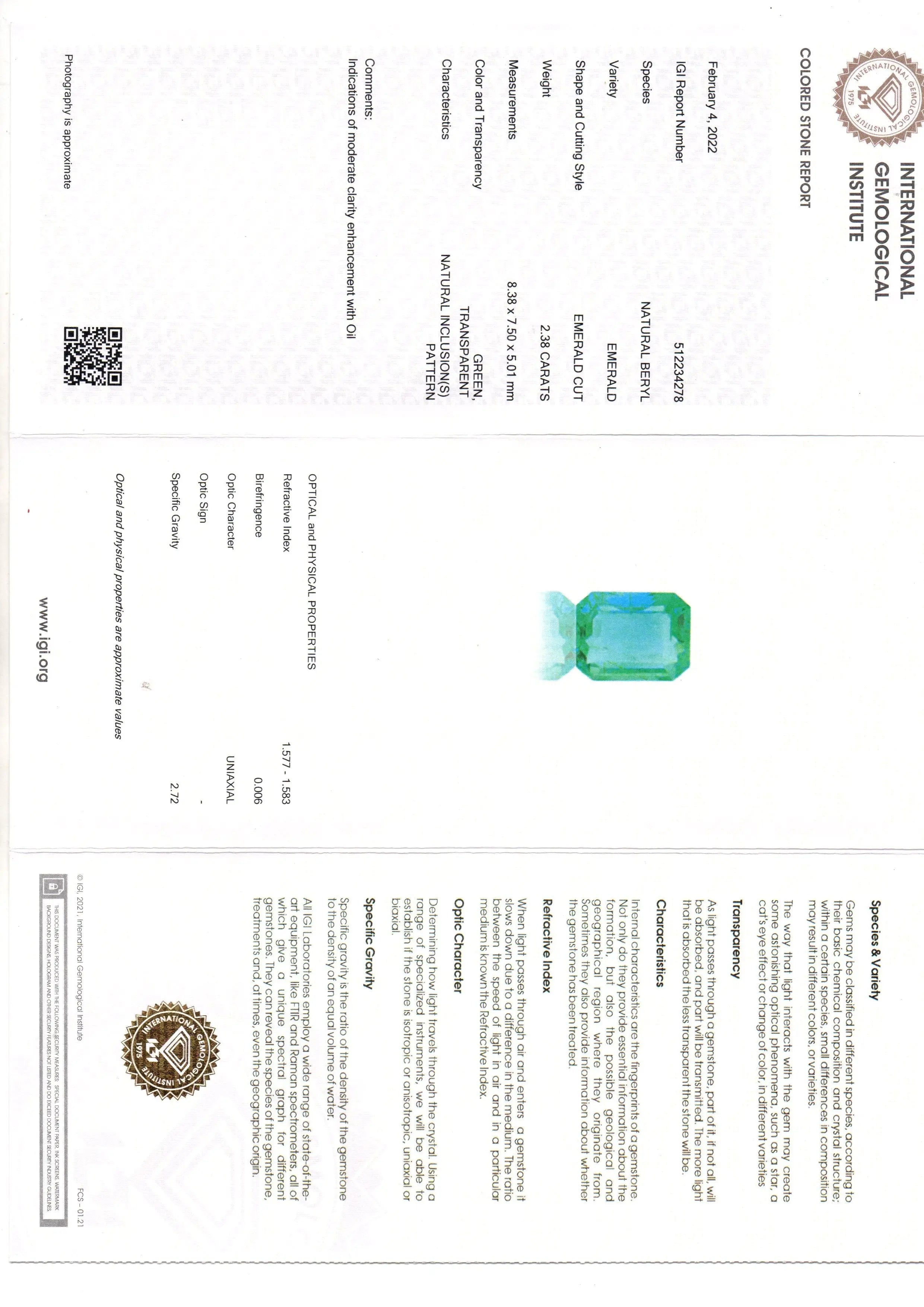 2.38 Ct IGI Certified Untreated Natural Zambian Emerald Gemstone AAA