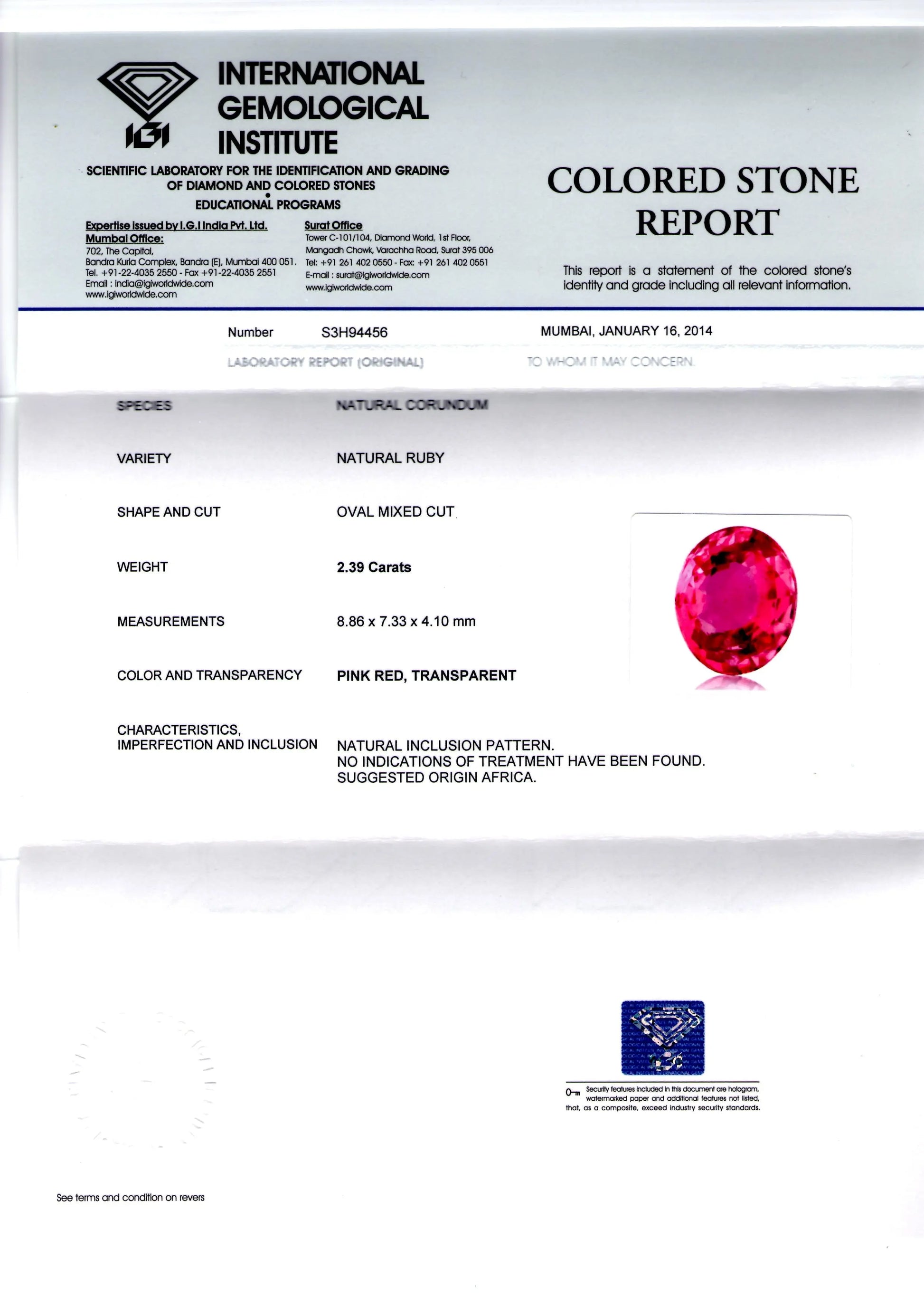 2.39 Ct IGI Certified Unheated Untreated Natural Pinkish Ruby **RARE**