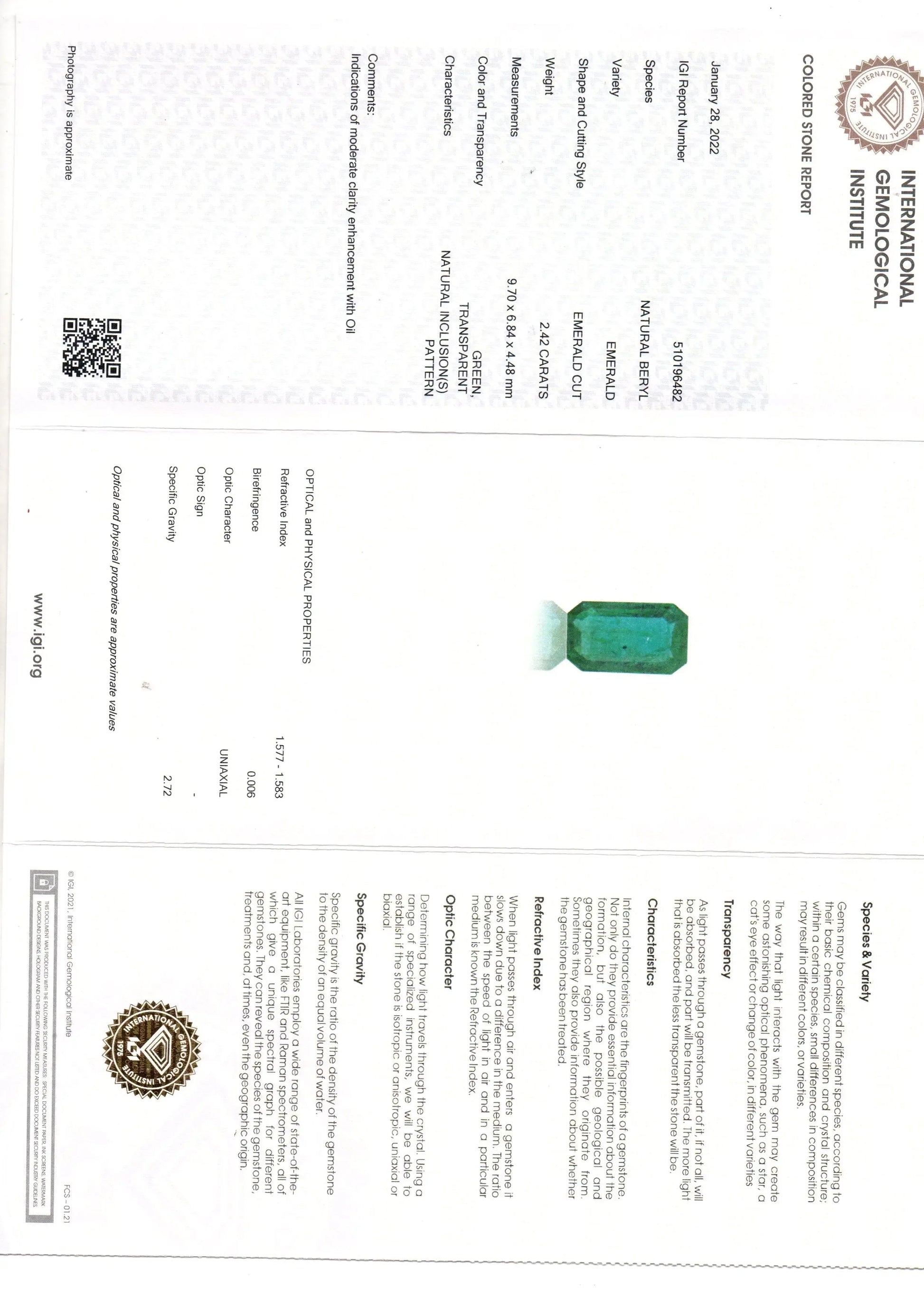 2.42 Ct IGI Certified Untreated Natural Zambian Emerald Gemstone - Venus Gems