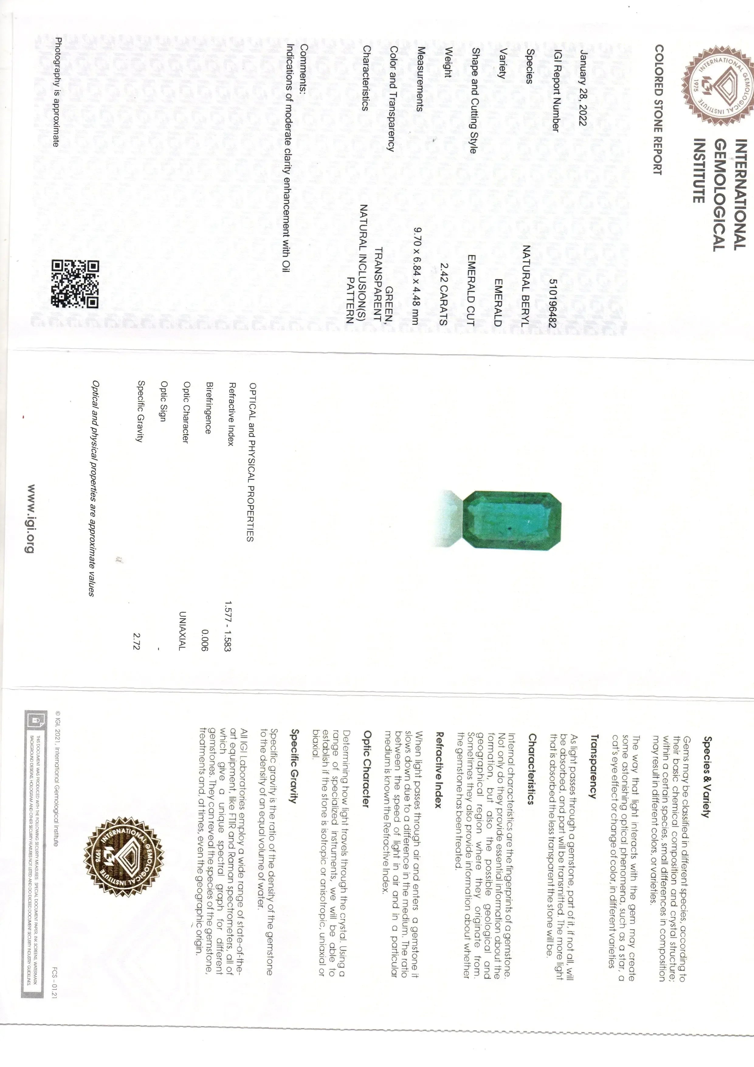 2.42 Ct IGI Certified Untreated Natural Zambian Emerald Gemstone - Venus Gems