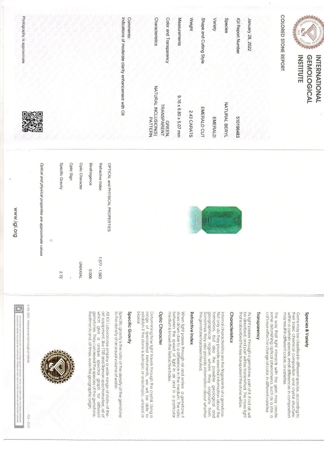 2.43 Ct IGI Certified Untreated Natural Zambian Emerald Gemstone - Venus Gems